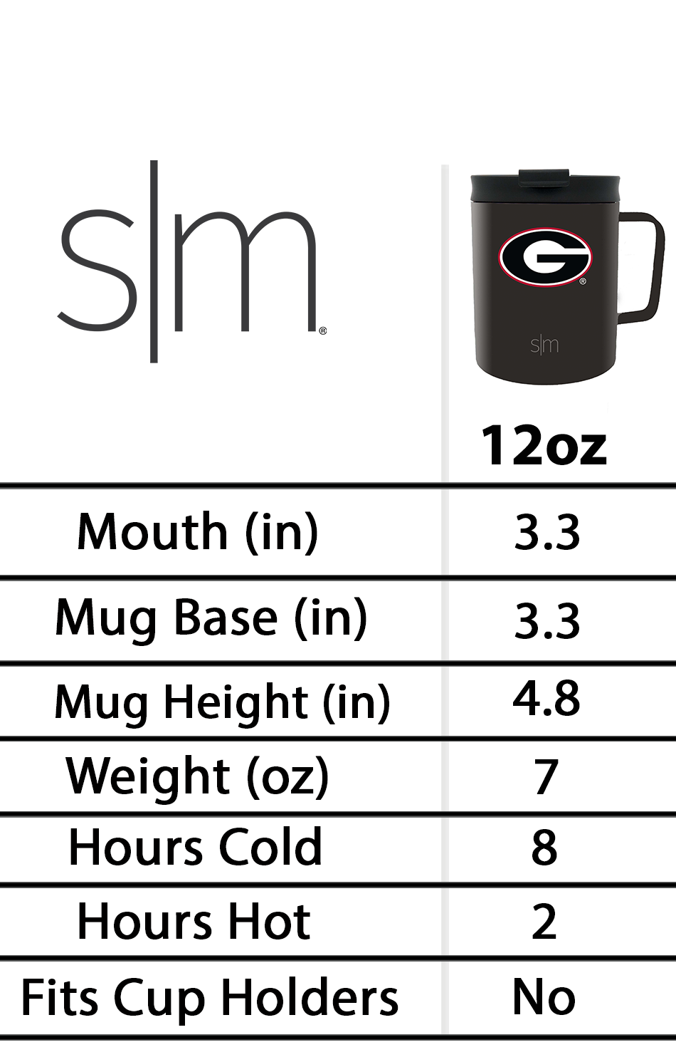 Charcoal insulated mug with product specifications on white background, featuring black text and specification chart