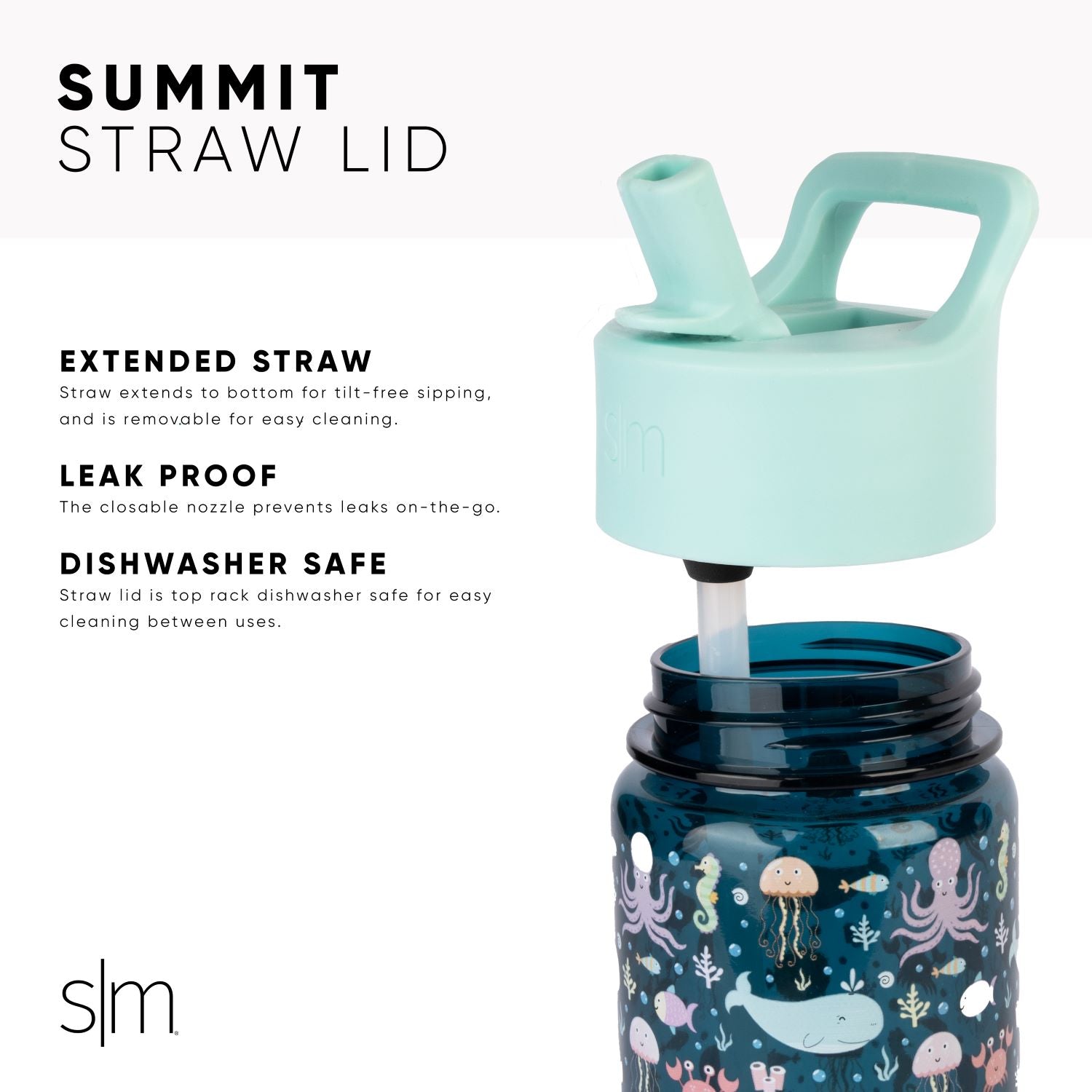 Reusable water bottle with mint green straw lid and deep navy blue body against a cool, aquatic-toned background