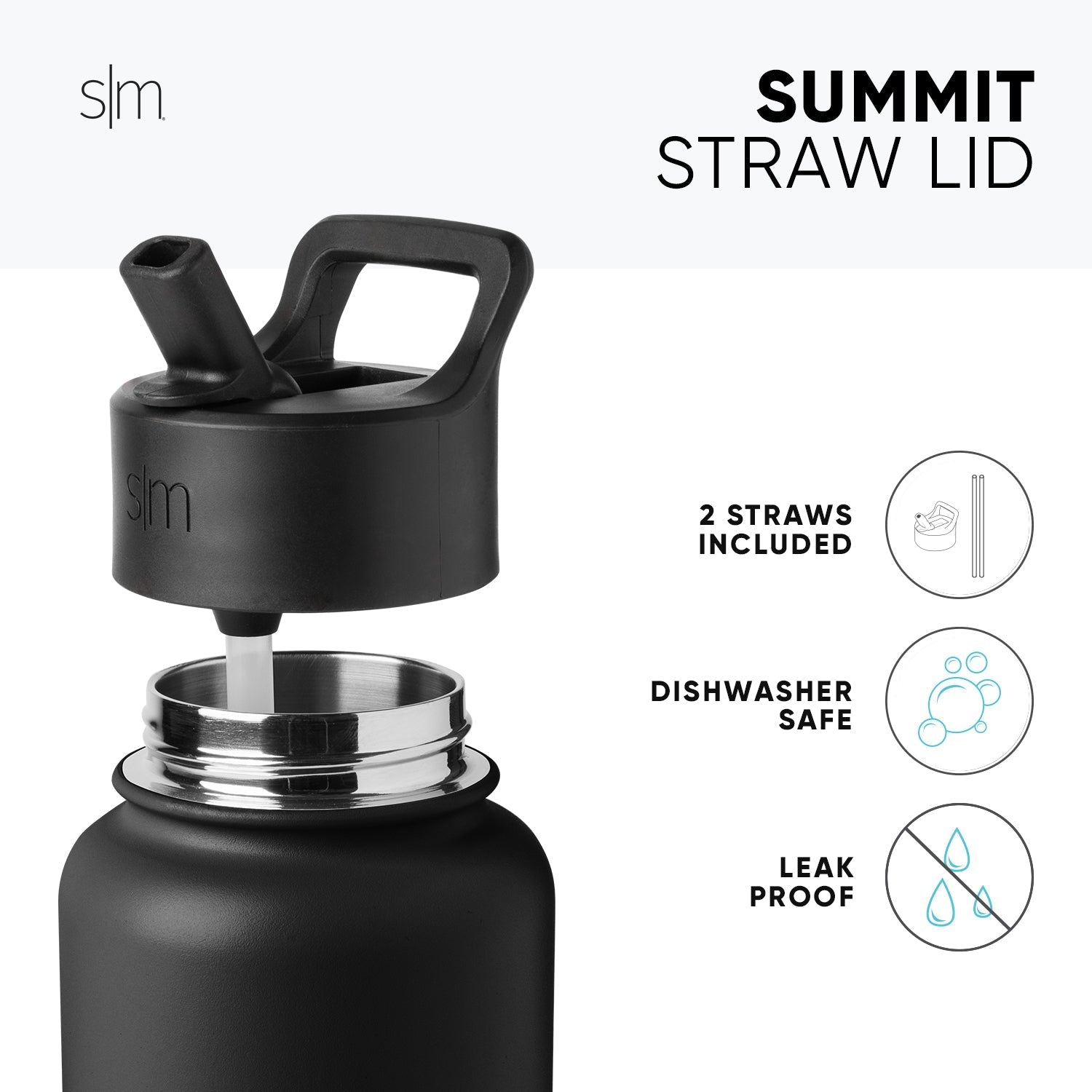Matte black tumbler with metallic silver chrome accents and straw lid assembly on white background