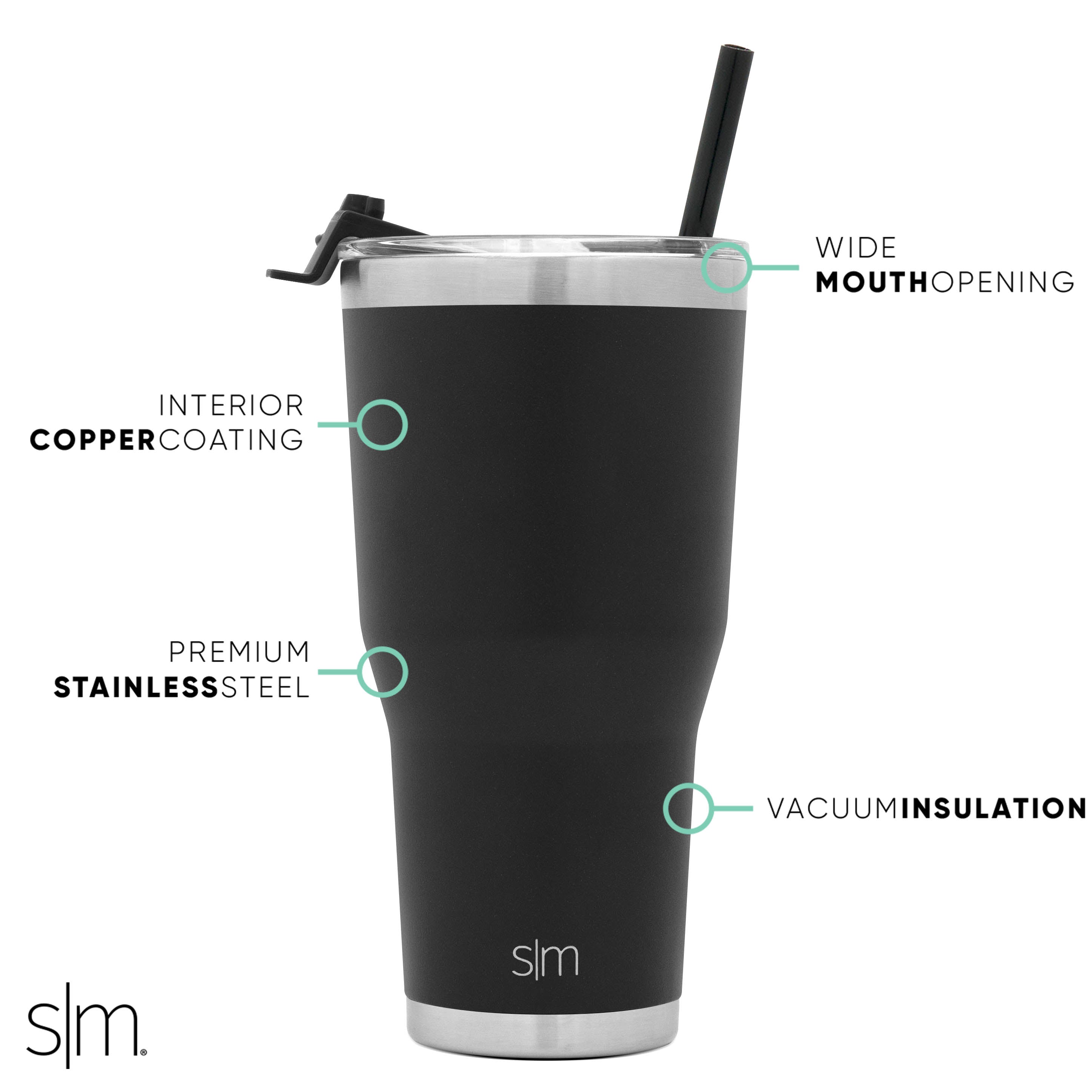 Black and silver product diagram with white background and turquoise callout lines highlighting key features