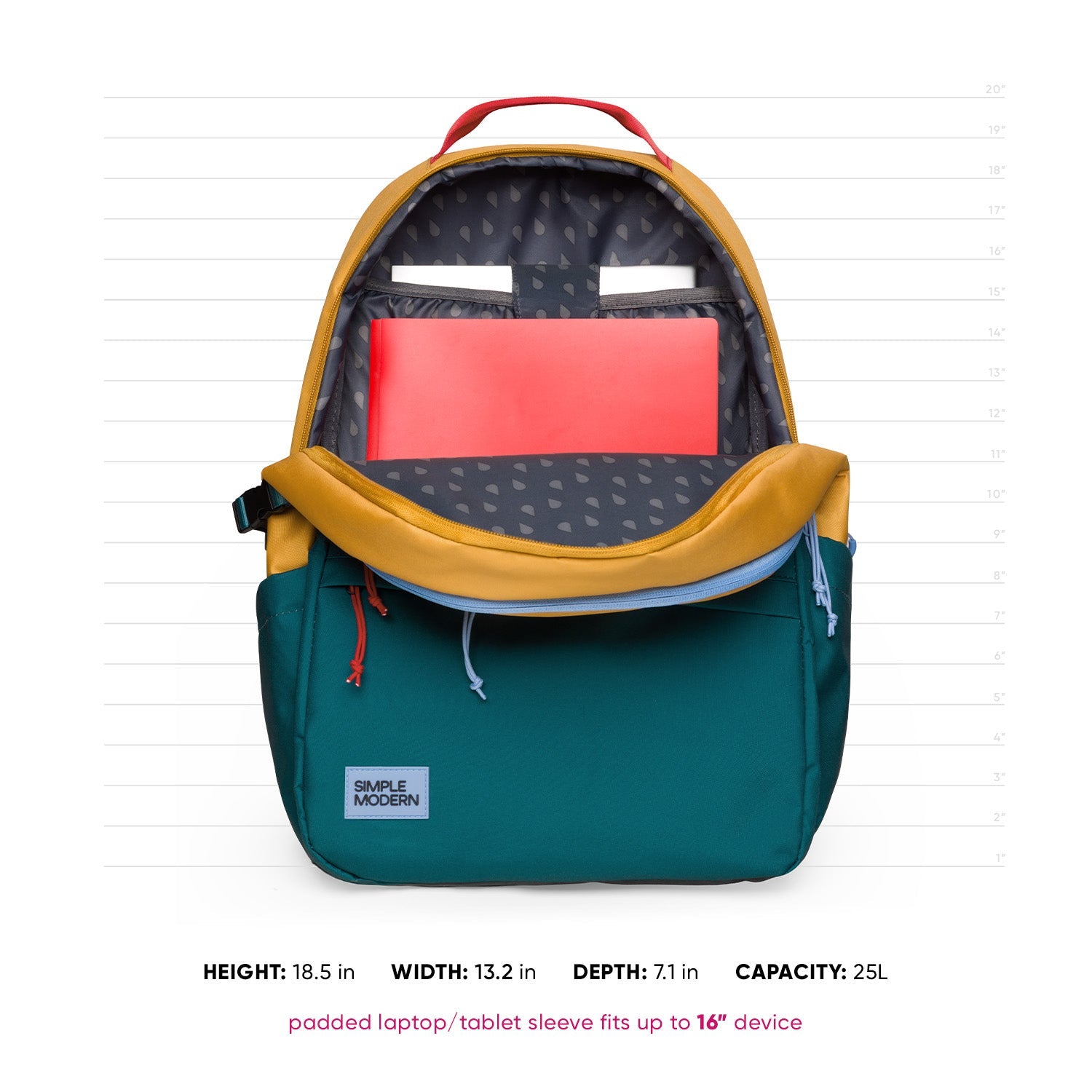 Teal and mustard 25L Simple Modern backpack with open main compartment showing coral laptop sleeve, padded straps, side compression straps, and measurement specifications on white background.