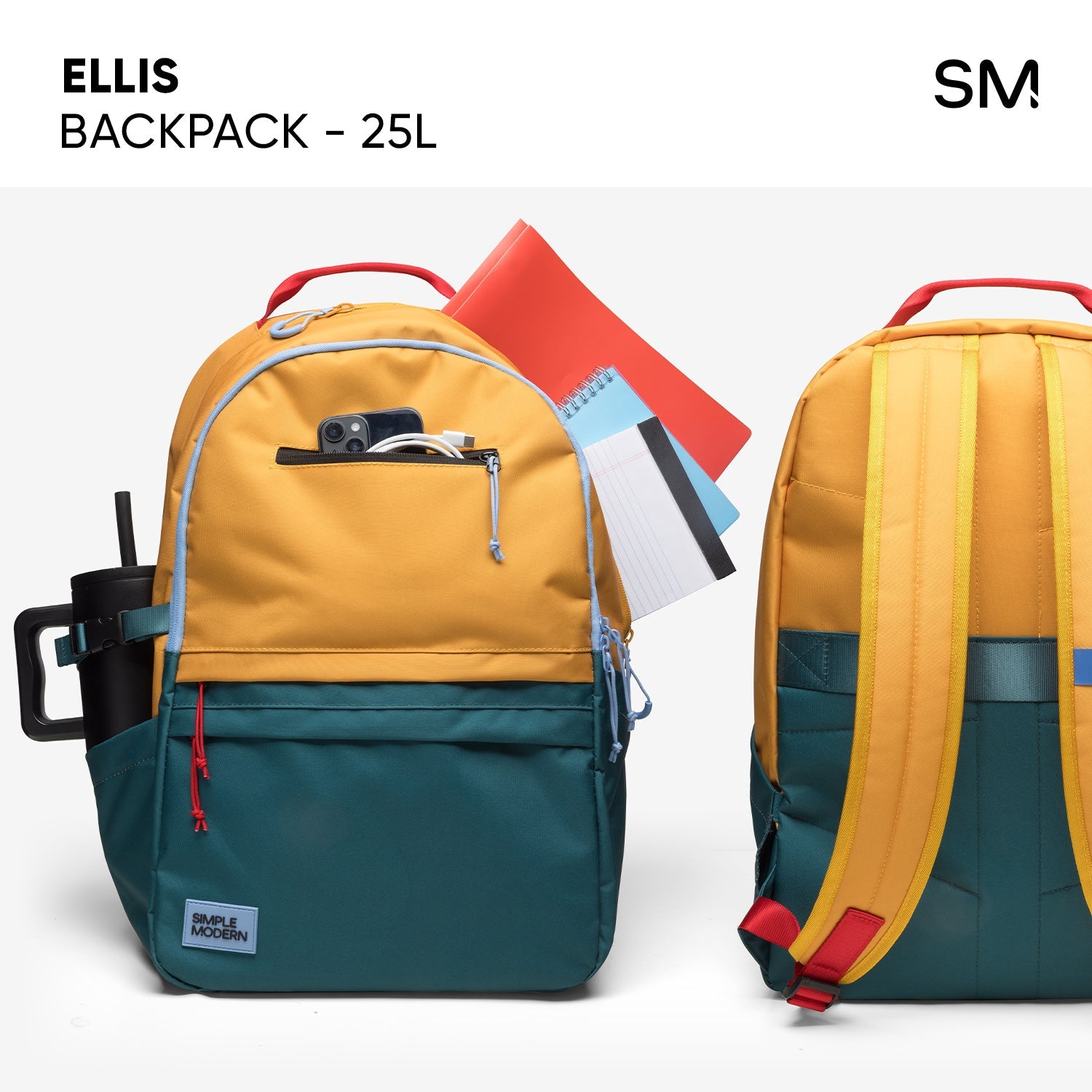 Ellis Backpack 25L in mustard gold and teal with red accents, shown front and back views with packed contents including phone, tumbler, and notebooks against neutral background.