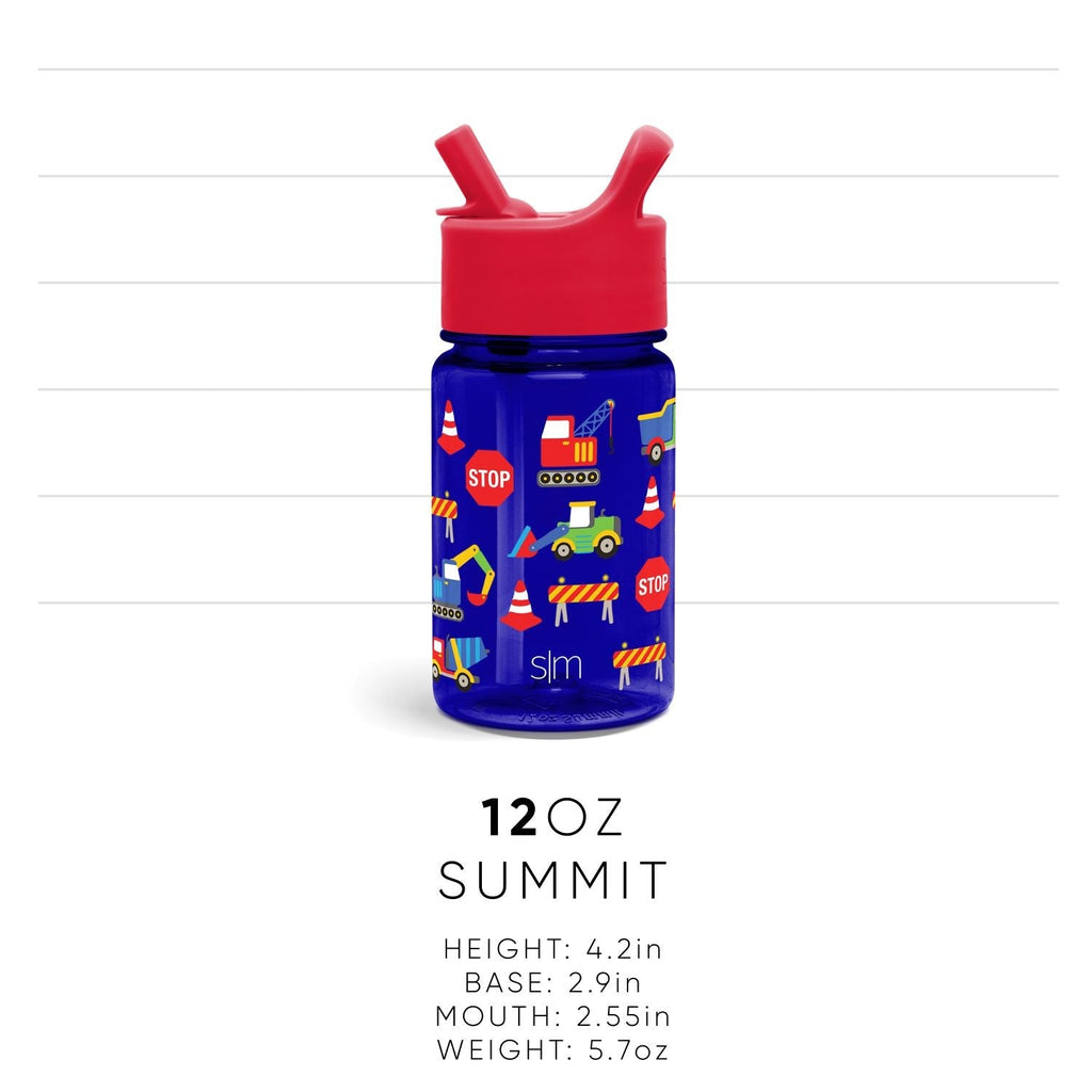 Cobalt blue drinkware with a red spill-proof cap, accented with yellow, orange, white, and lime green design elements.