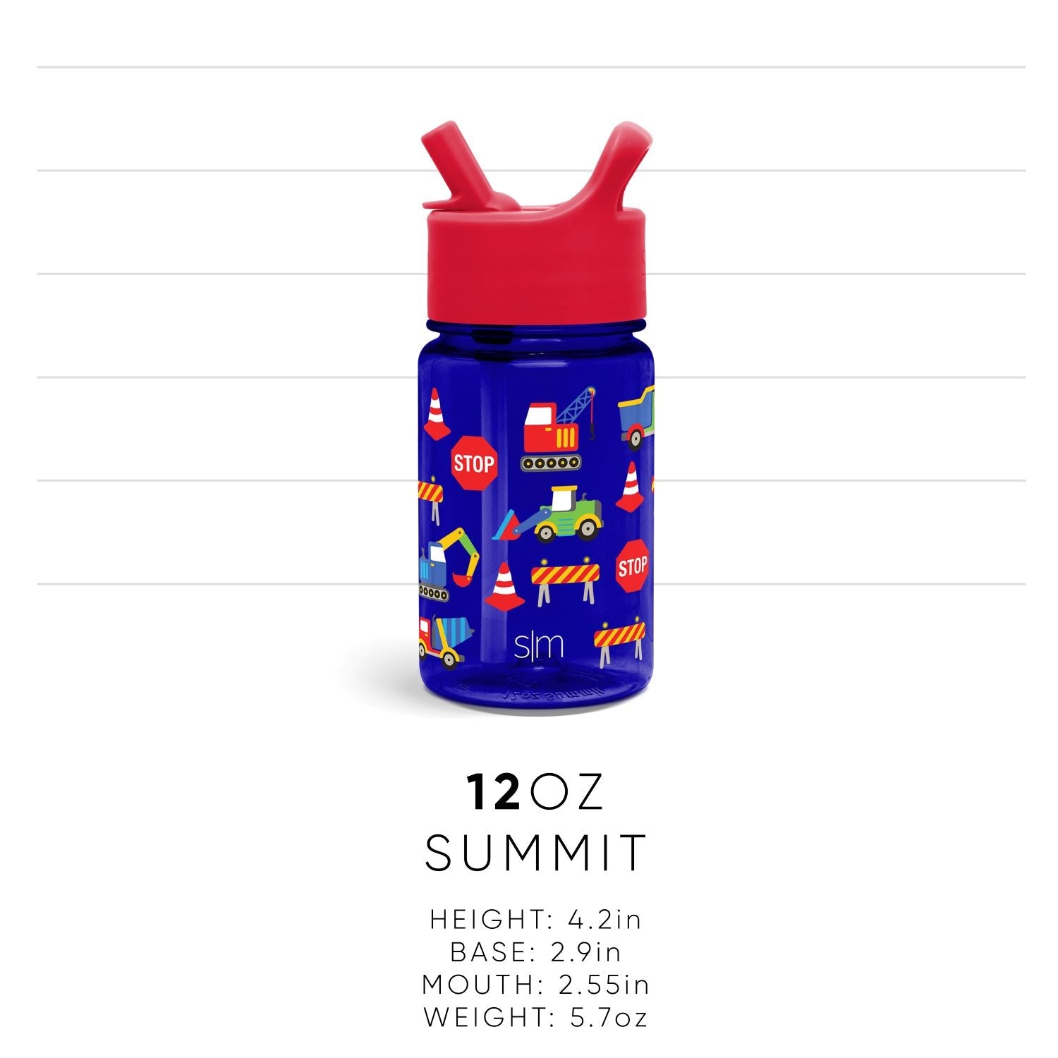 Cobalt blue drinkware with a red spill-proof cap, accented with yellow, orange, white, and lime green design elements.