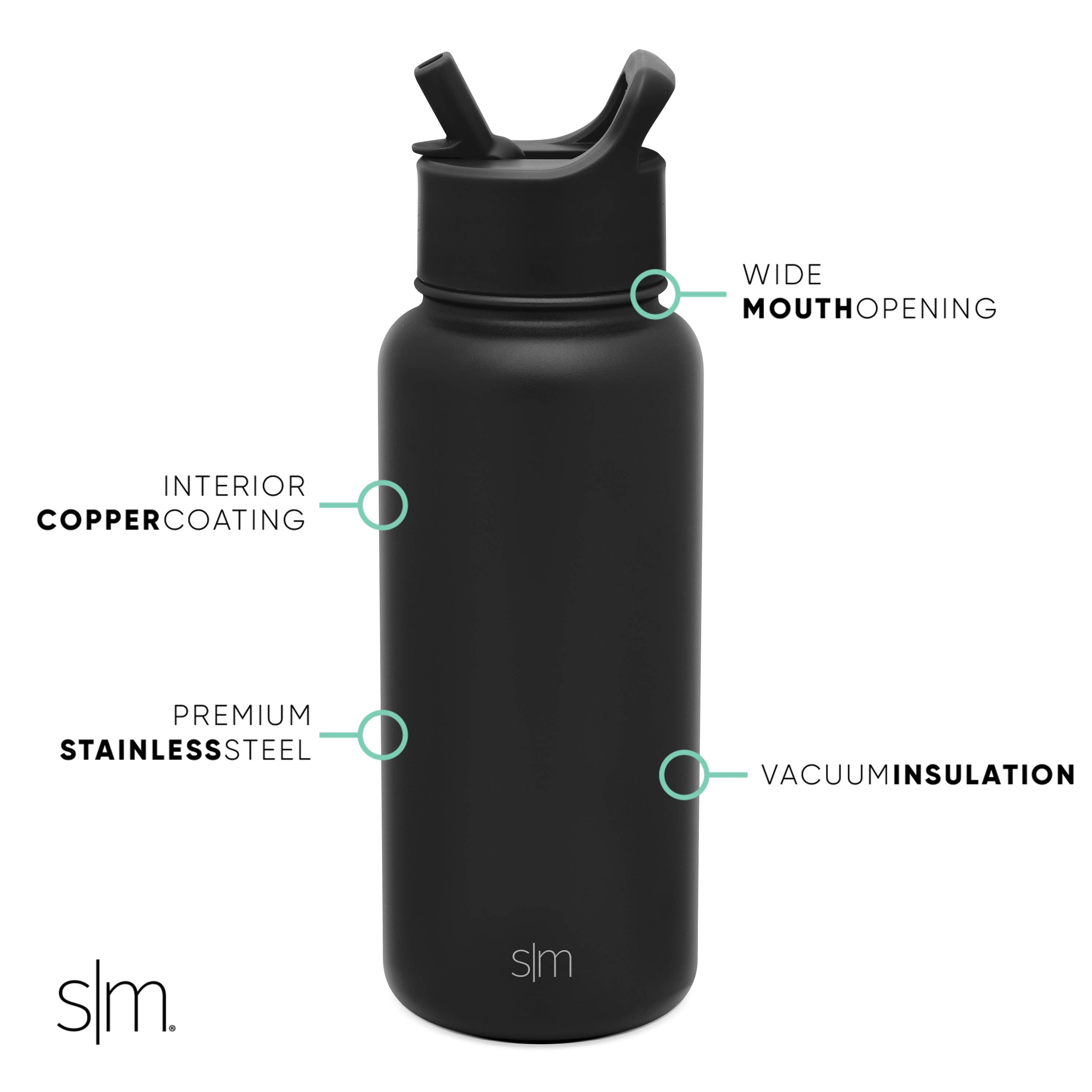 Matte black water bottle with turquoise accent circles and connecting lines on white background
