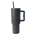 Charcoal gray Trek Tumbler with tapered cylindrical design, fitted lid, centered straw, and rectangular handle against white background