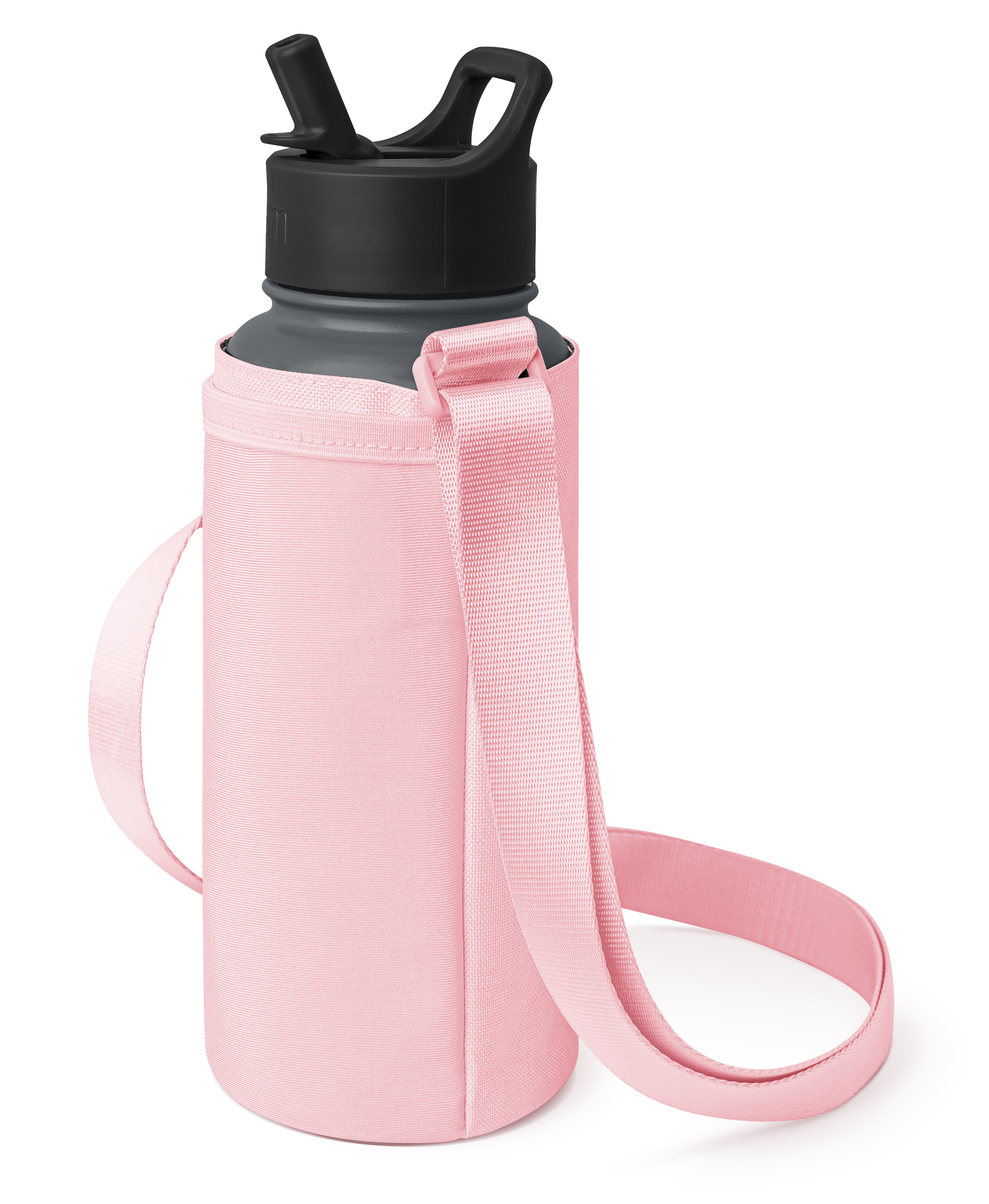 Small water bottle with carrier in soft pink and deep black, cylindrical insulated design