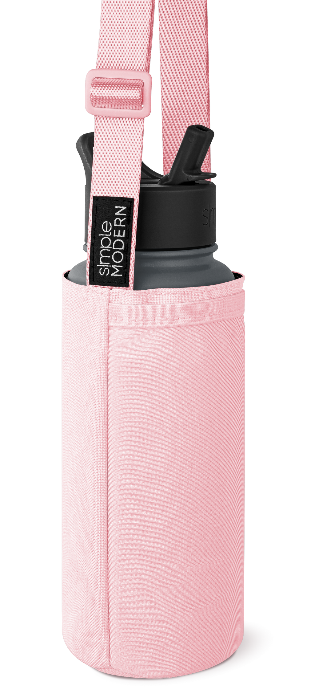 Soft pink cylindrical carrying case with charcoal gray and black accents, featuring a matching shoulder strap with webbing texture.