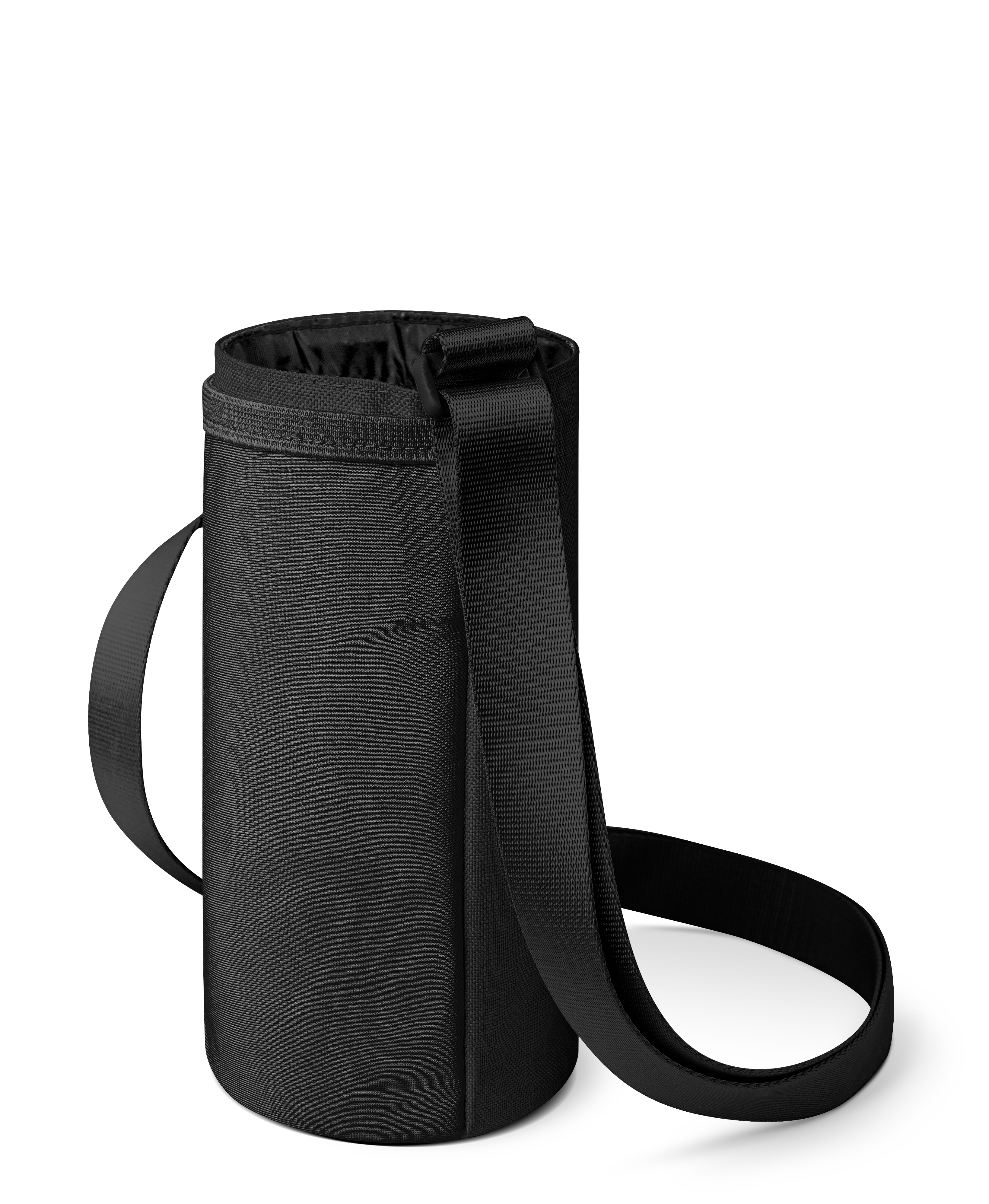 Black and charcoal gray baby carrier with dark gray fabric body, black straps, interior lining, and drawstring closure