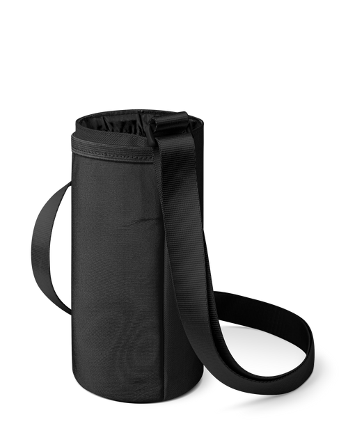 Black and charcoal gray baby carrier with dark gray fabric body, black straps, interior lining, and drawstring closure