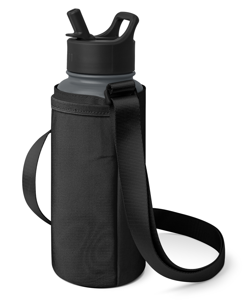 Matte black water bottle with dark charcoal gray insulated sleeve carrier
