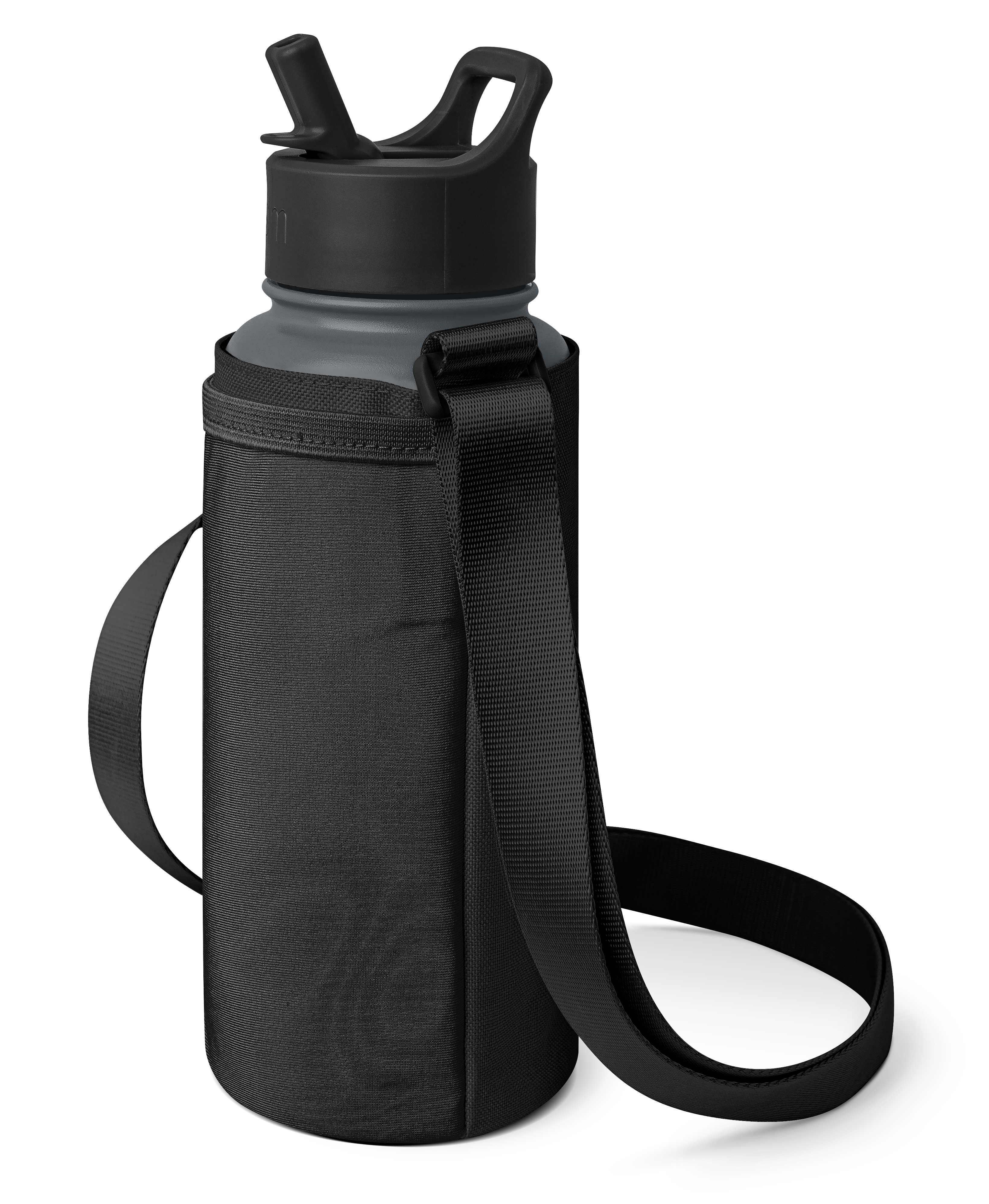 Matte black water bottle with dark charcoal gray insulated sleeve carrier