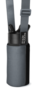 Gray neoprene cylindrical bottle carrier with black band on white background