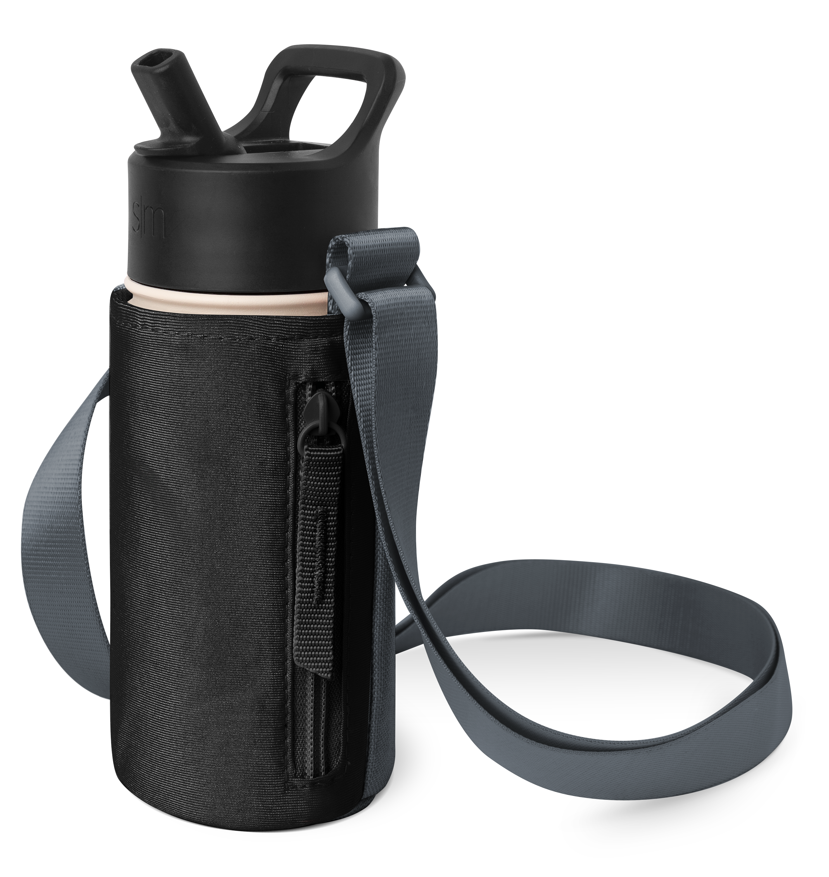 Black water bottle with matching lid next to dark charcoal gray textured carrying case