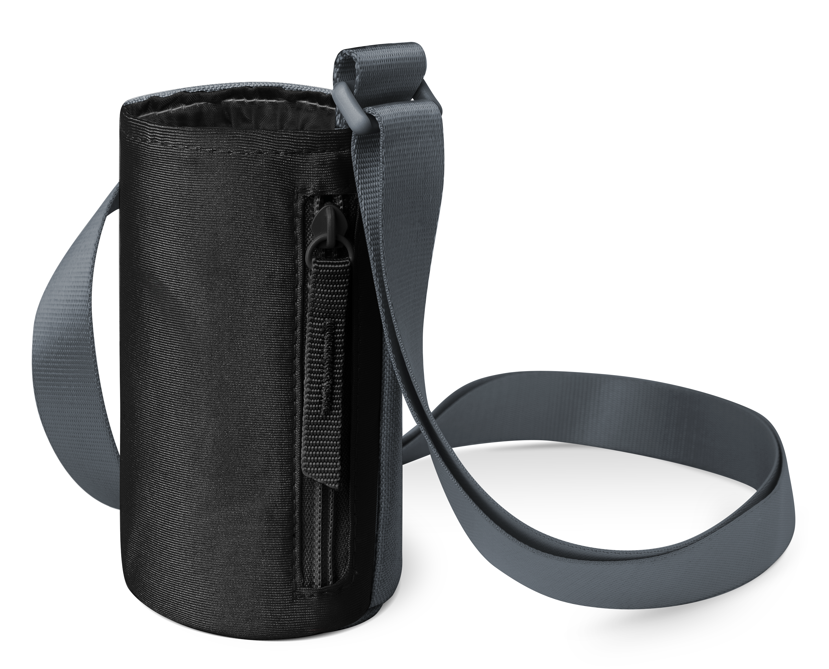 Black textured carrying case with dark gray shoulder strap