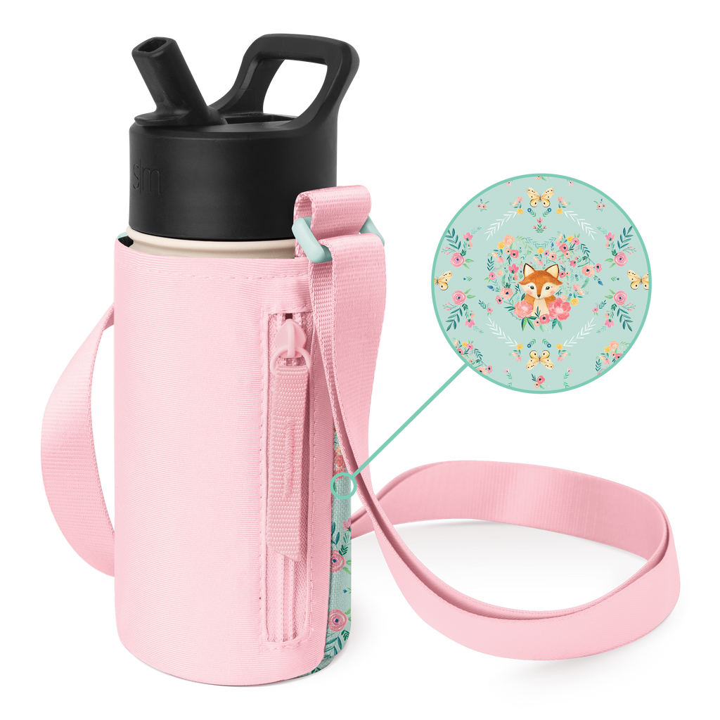 Light pastel pink water bottle with quilted pink insulated carrying sleeve on mint green background