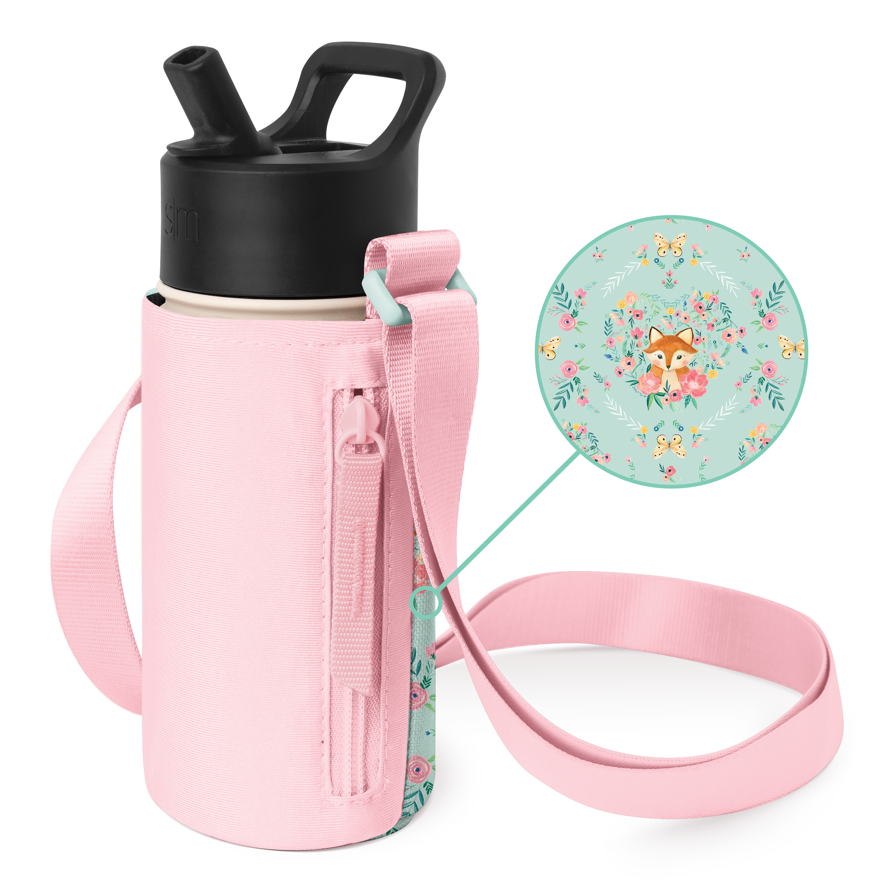 Light pastel pink water bottle with quilted pink insulated carrying sleeve on mint green background