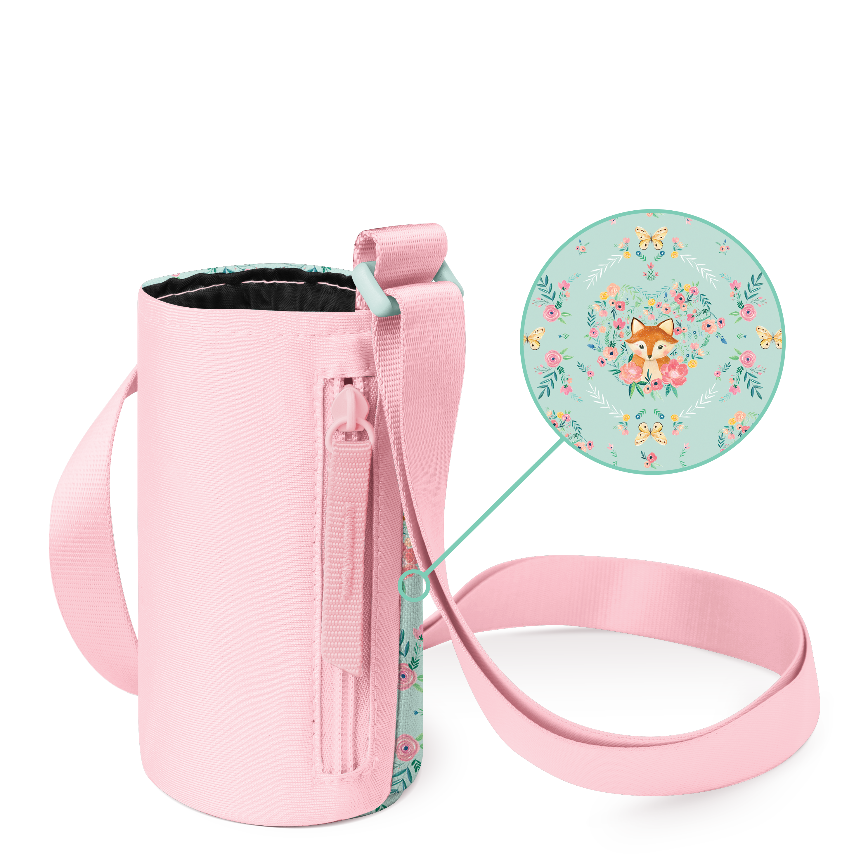 Soft pink bottle carrier with mint green accents on light neutral background