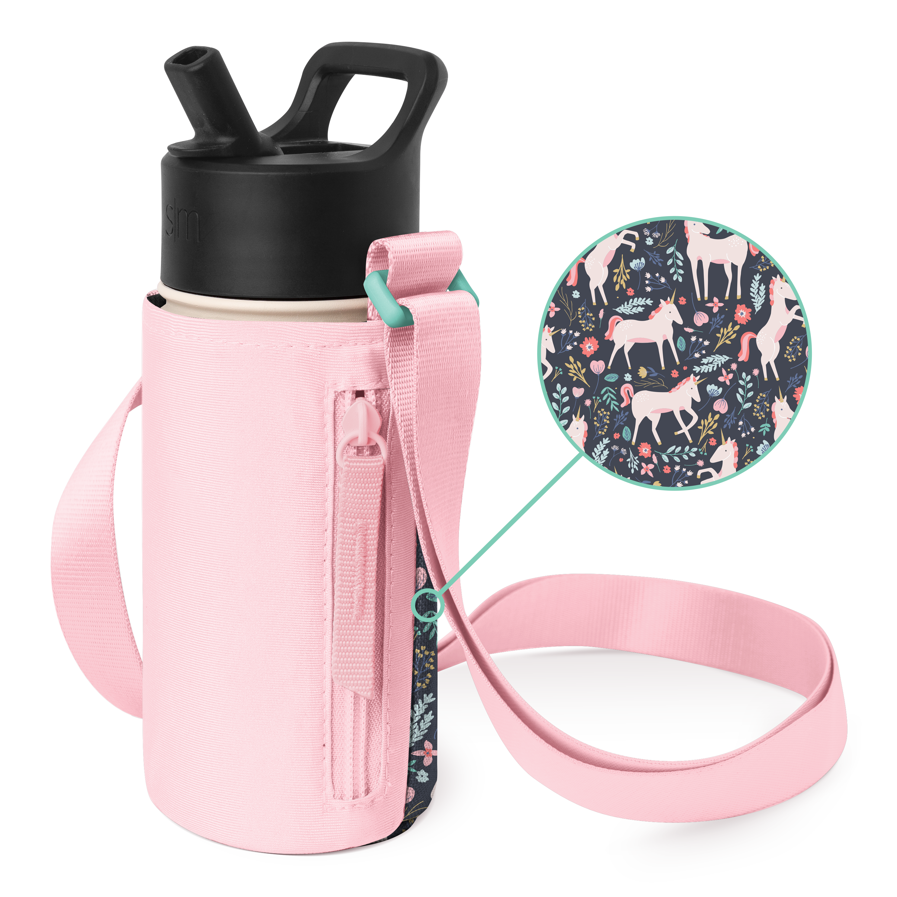 Soft pink bottle carrier with shoulder strap, holding a matte black water bottle with cream-colored base accents