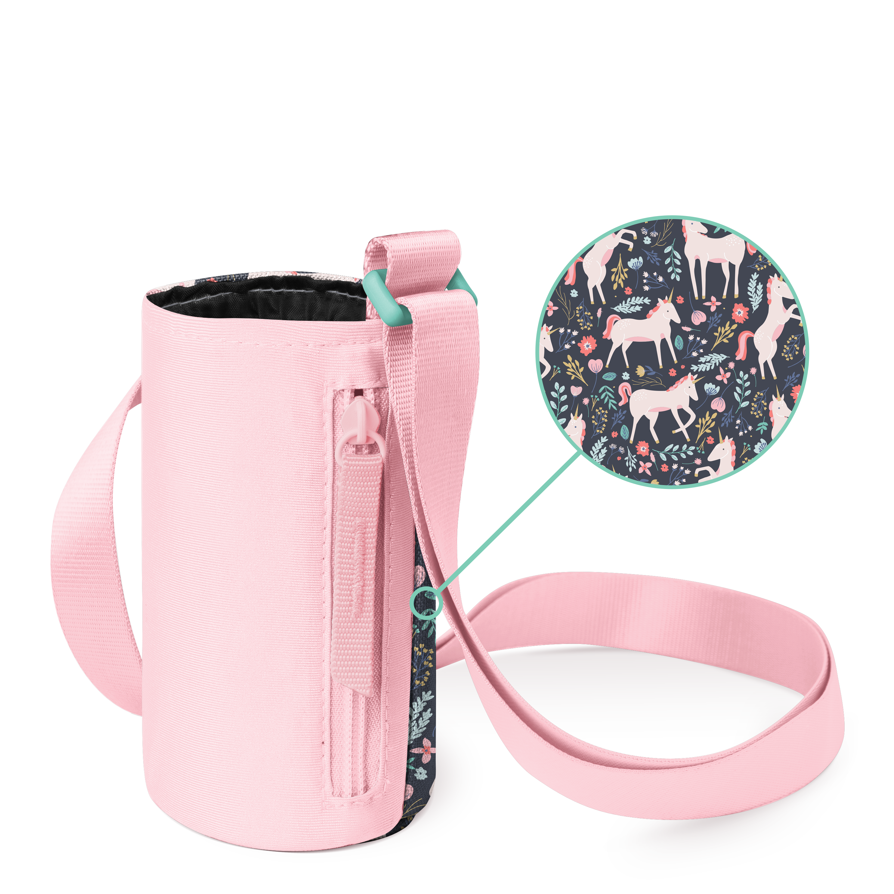 Pink cosmetic bag with navy blue and mint green accents, white background, dark interior lining visible
