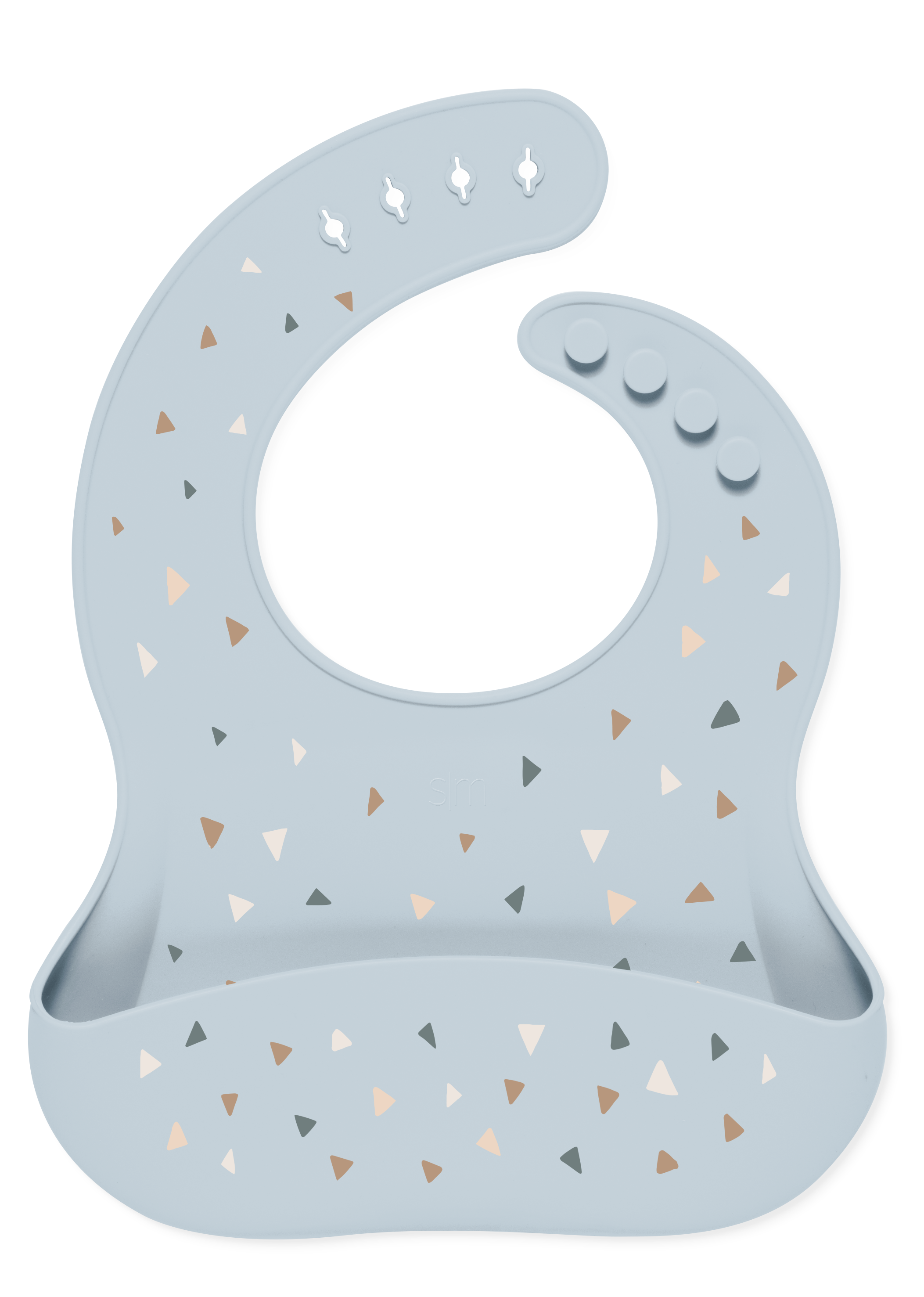 Light blue-gray baby bib with decorative triangular accents in tan, beige, caramel brown, and charcoal gray.