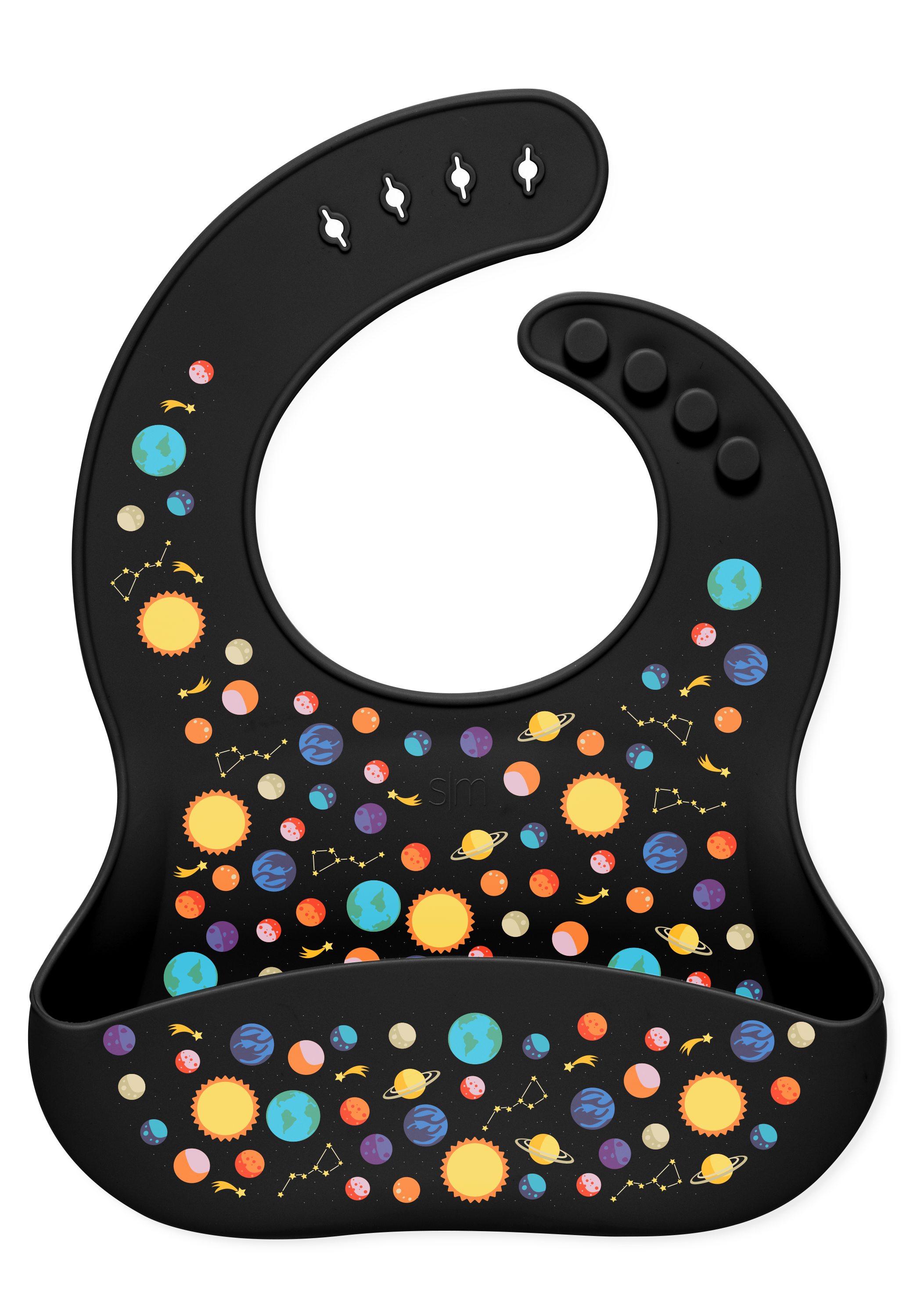 Black background with colorful celestial elements including bright yellow suns and stars, cyan and light blue planets, orange and coral circular shapes, and pink accents arranged in a decorative pattern