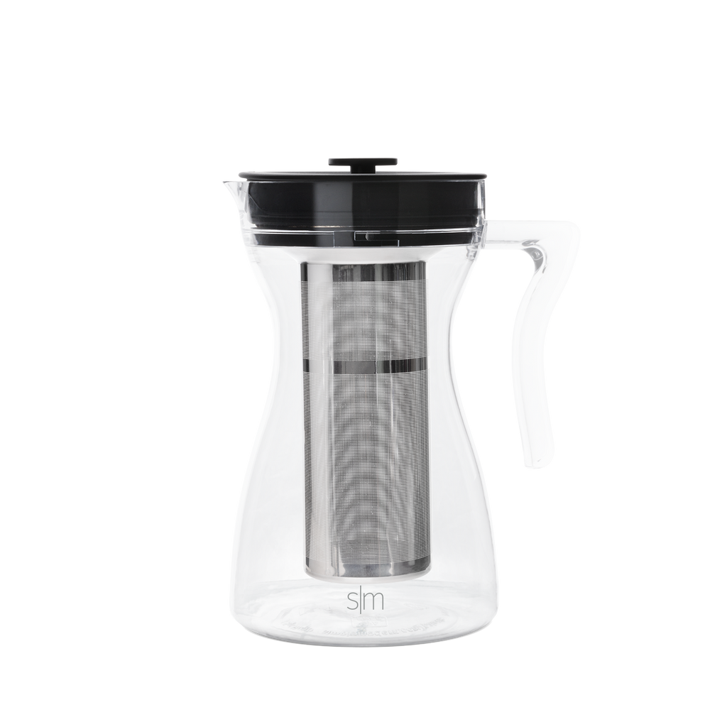 SM Cold Brew Coffee Maker with transparent glass carafe, white body, and black lid mechanism