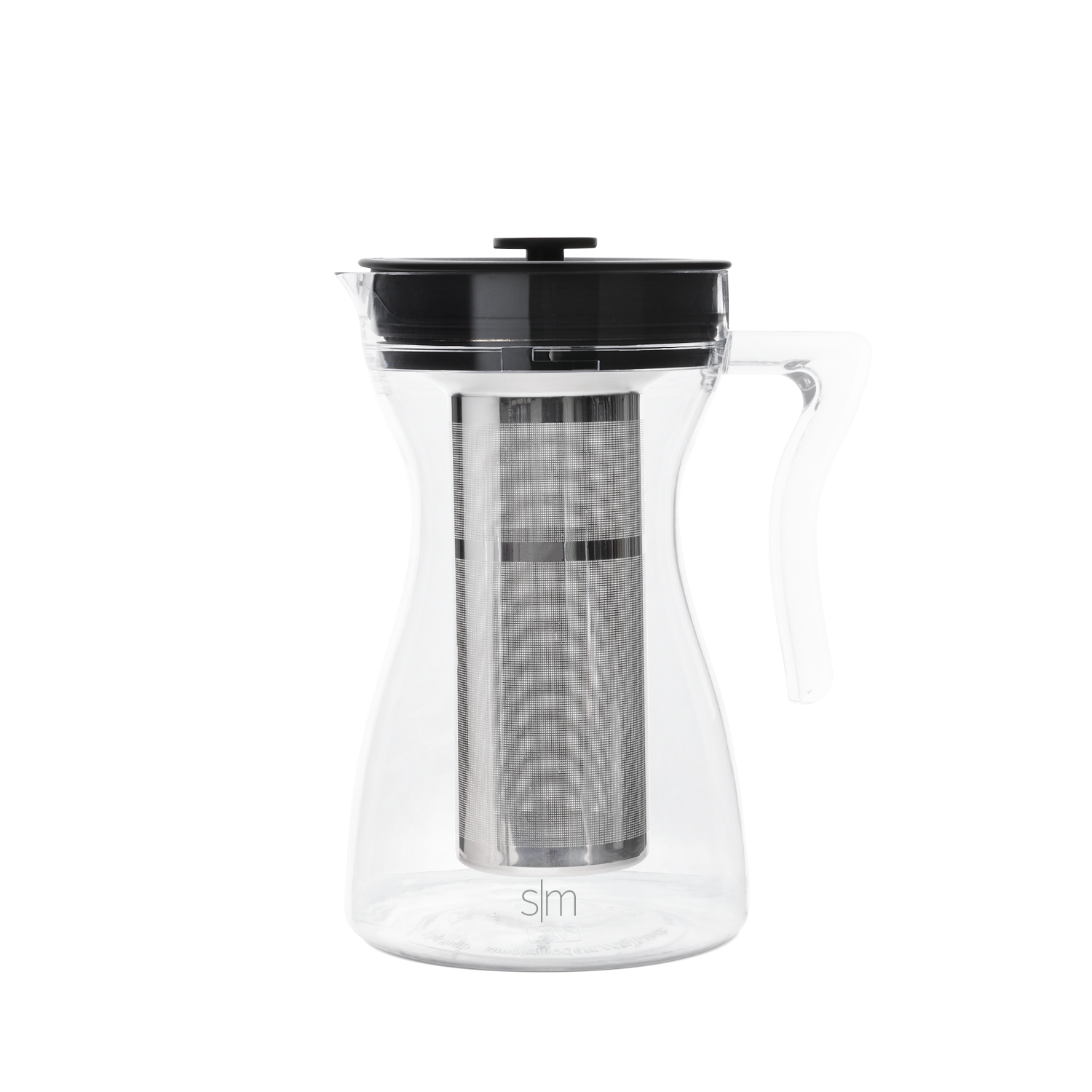 SM Cold Brew Coffee Maker with transparent glass carafe, white body, and black lid mechanism