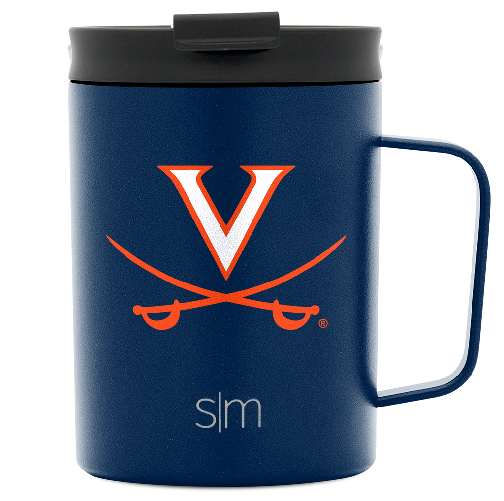 Navy blue mug with charcoal gray lid featuring University of Virginia logo, viewed from front angle