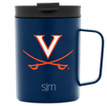 Navy blue mug with charcoal gray lid featuring University of Virginia logo, viewed from front angle