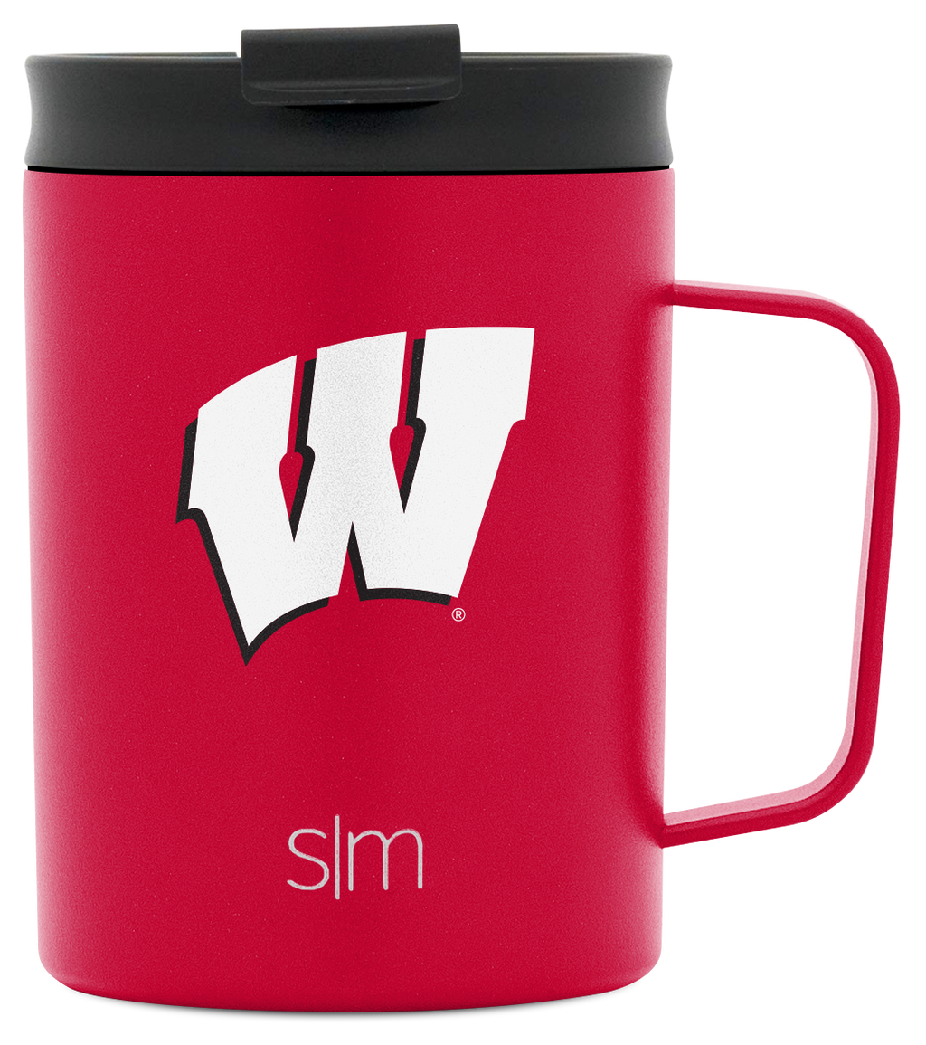 Red insulated mug with charcoal gray lid on white background, front view product shot
