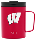 Red insulated mug with charcoal gray lid on white background, front view product shot