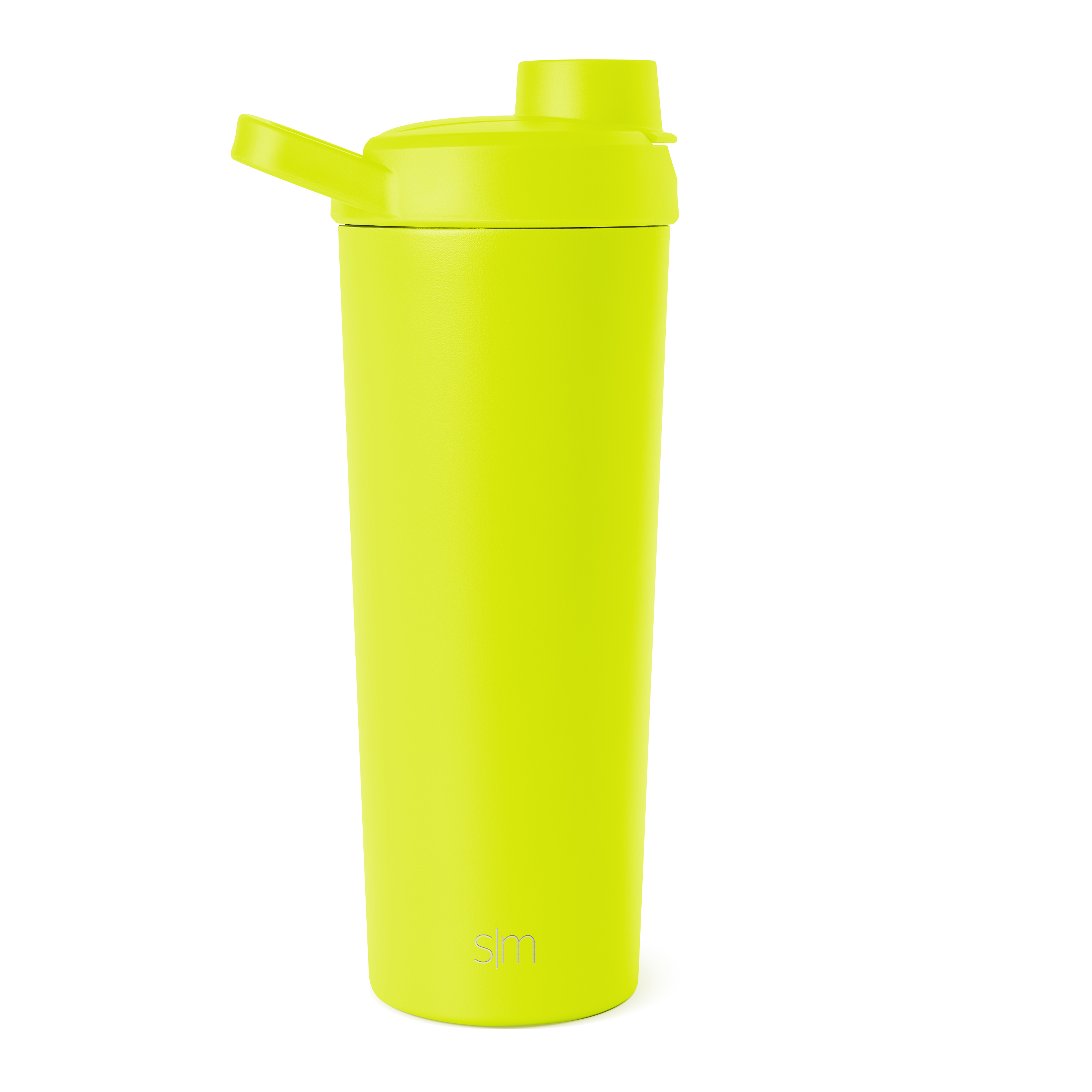Neon yellow-green insulated water bottle with cylindrical body, tapered base, and secure top cap