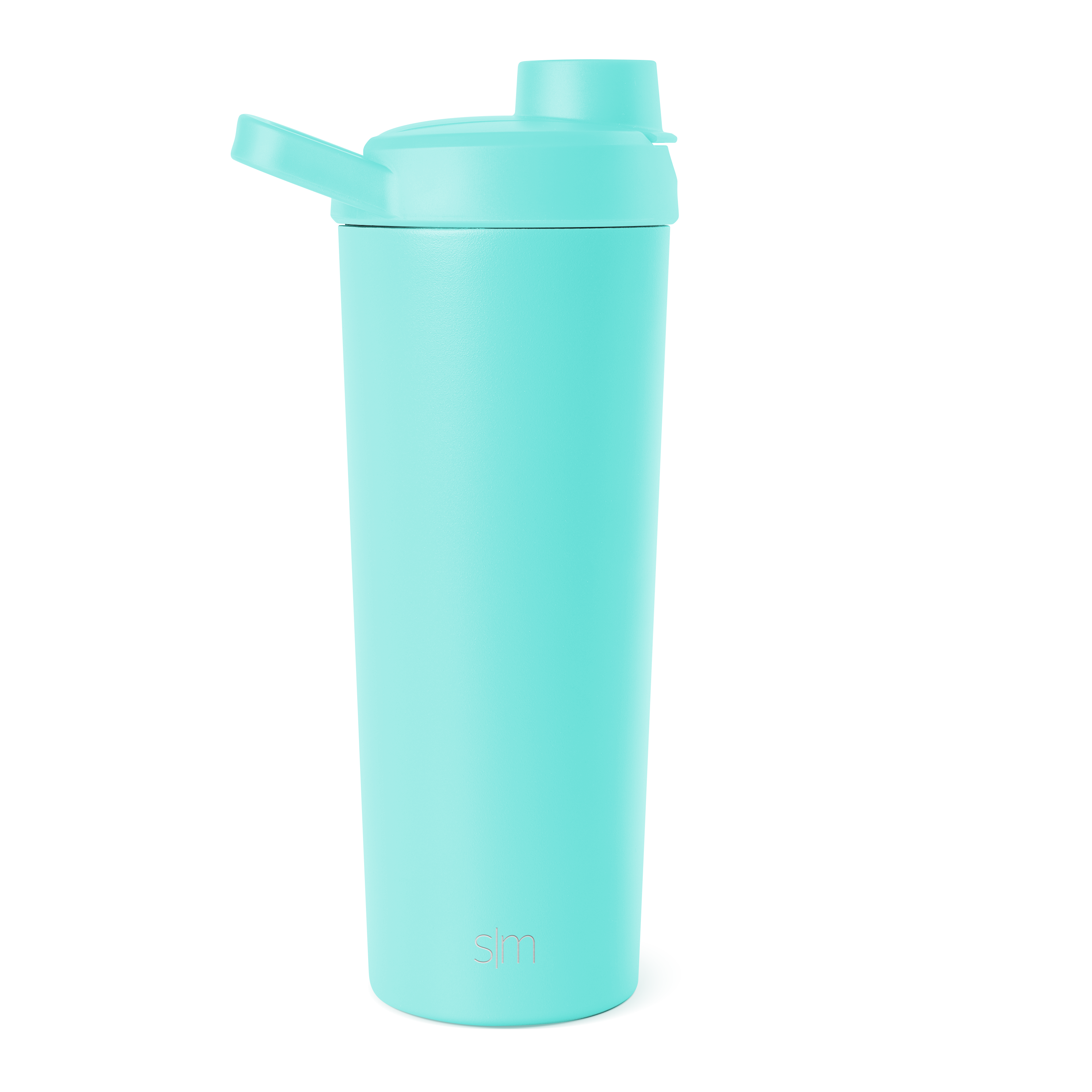 Bright turquoise seafoam water bottle with cylindrical body and lid assembly against white background