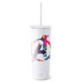 White tumbler with vibrant artistic graphic design wrapped around the middle section