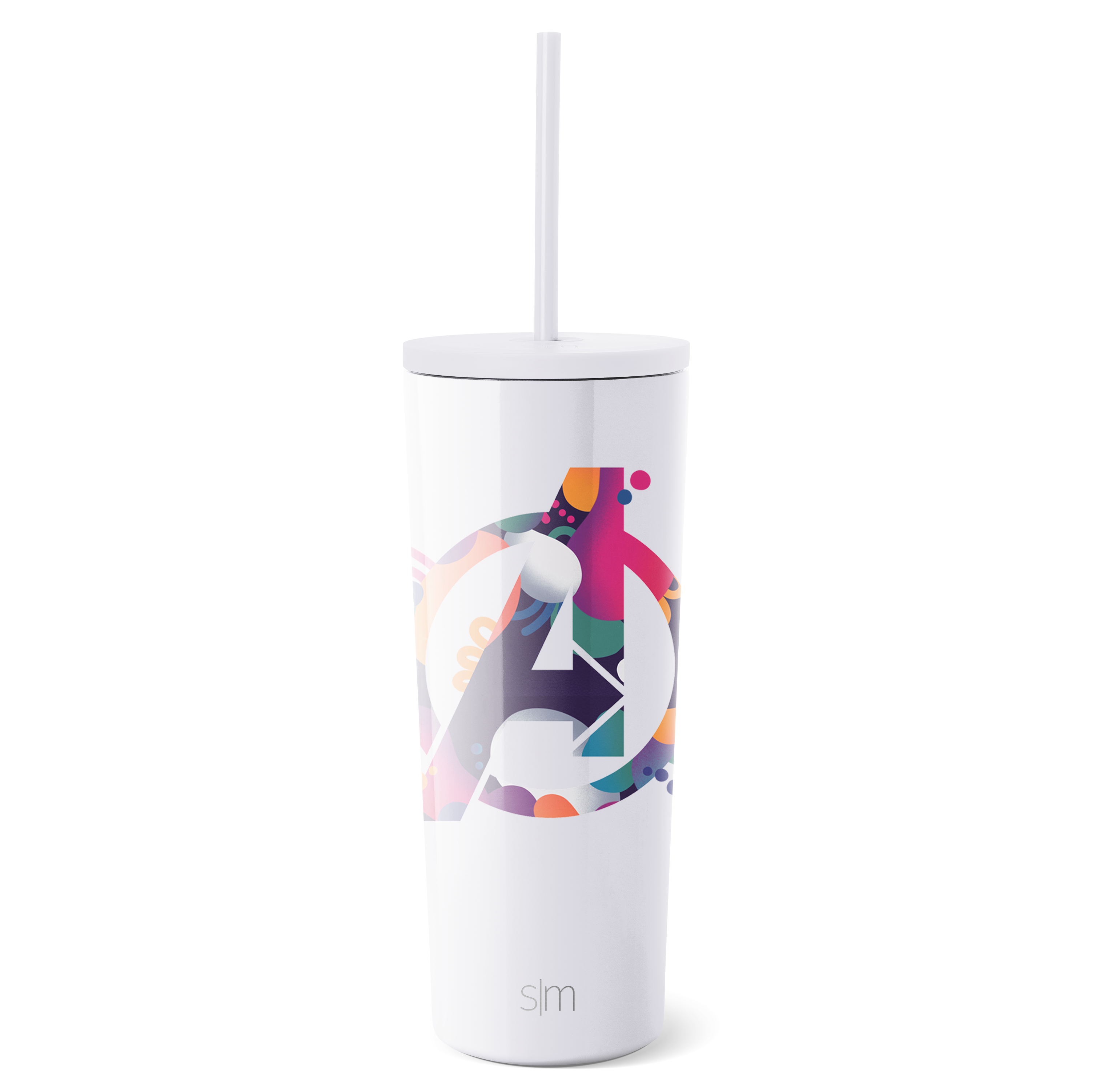White tumbler with vibrant artistic graphic design wrapped around the middle section