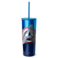 Blue ombre tumbler with color-blocked design transitioning from bright blue at top to navy blue at bottom, featuring a circular emblem at center.