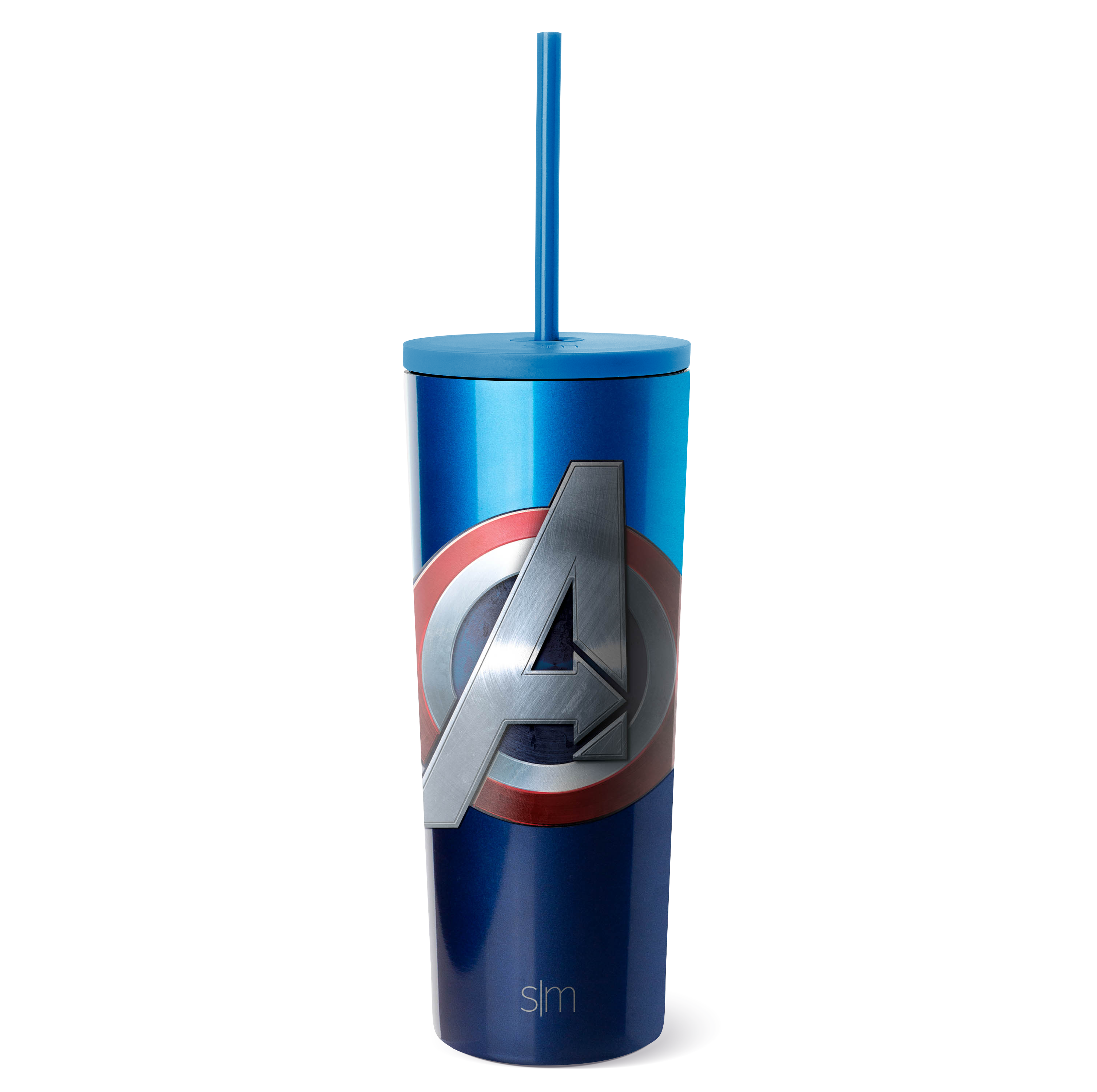 Blue ombre tumbler with color-blocked design transitioning from bright blue at top to navy blue at bottom, featuring a circular emblem at center.