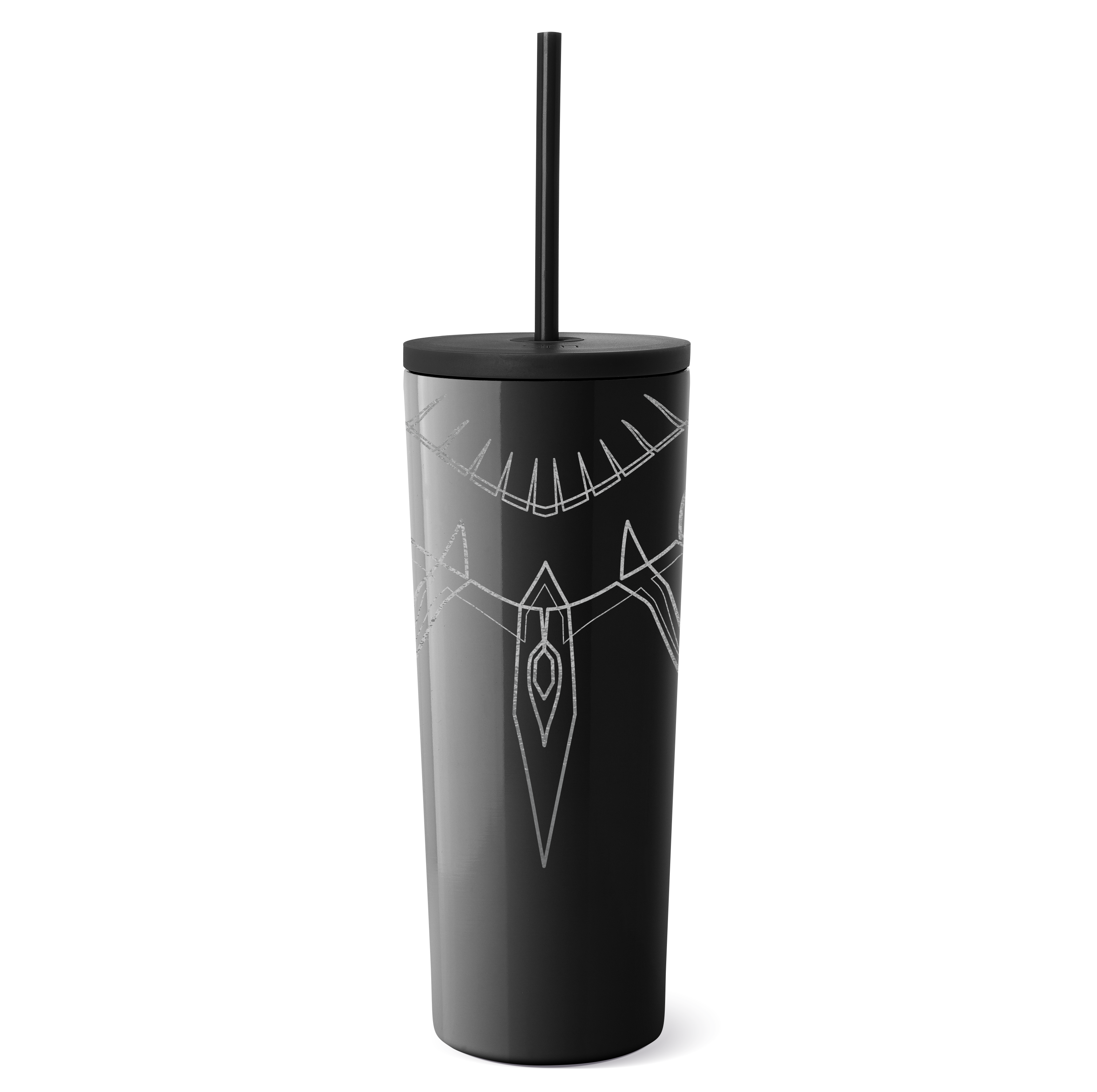 Black tumbler with metallic silver mystical line design