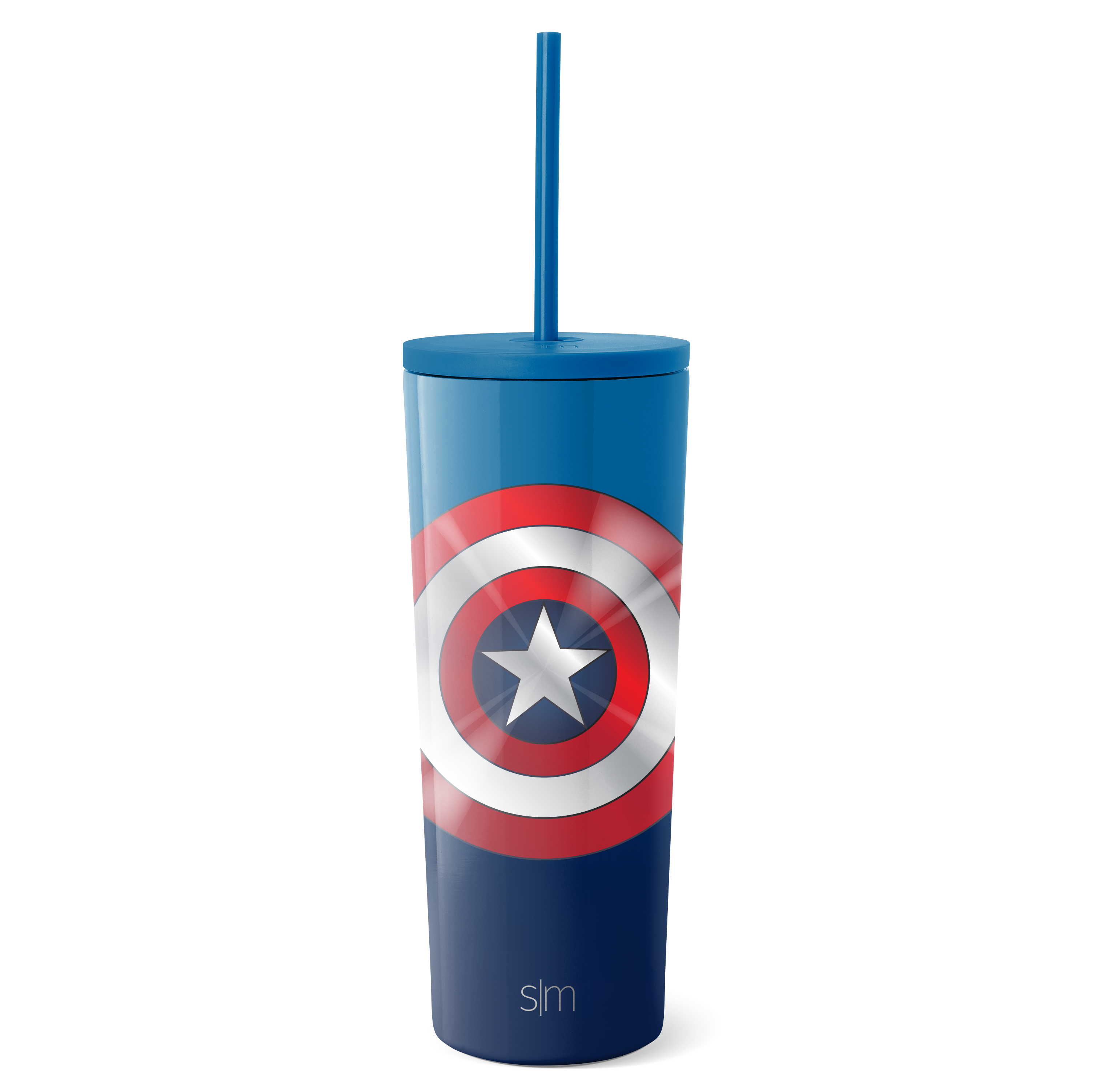 Simple Modern blue tumbler with lid and straw against white background