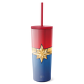Red, cream, and navy blue tricolor tumbler with golden eight-pointed star design on lower section