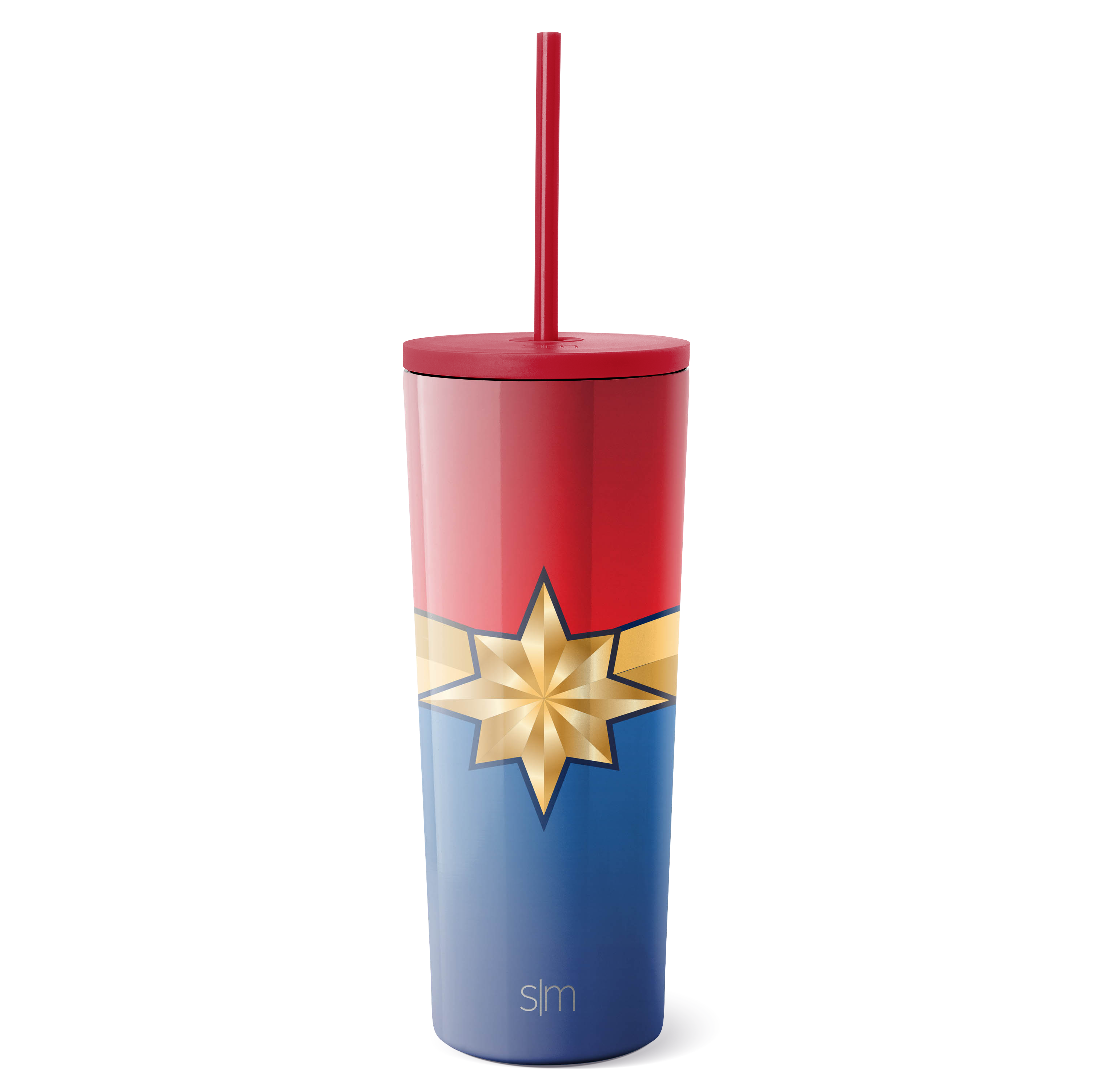 Red, cream, and navy blue tricolor tumbler with golden eight-pointed star design on lower section