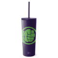 Deep purple insulated tumbler with lime green accent, matching purple lid and straw, isolated on white background.