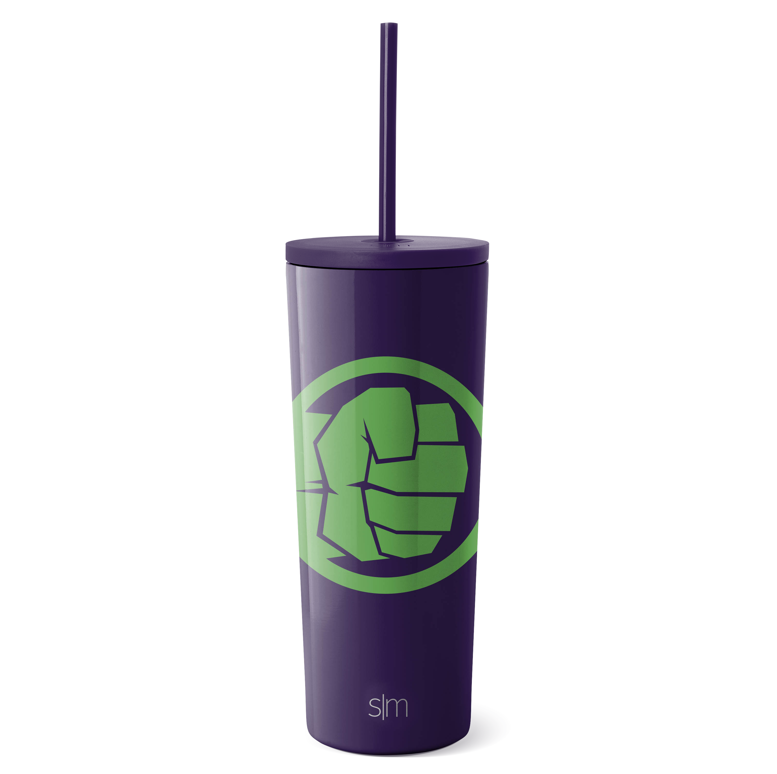 Deep purple insulated tumbler with lime green accent, matching purple lid and straw, isolated on white background.