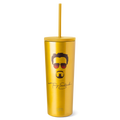 Golden yellow tumbler with matching straw, dark brown and black illustrated facial features