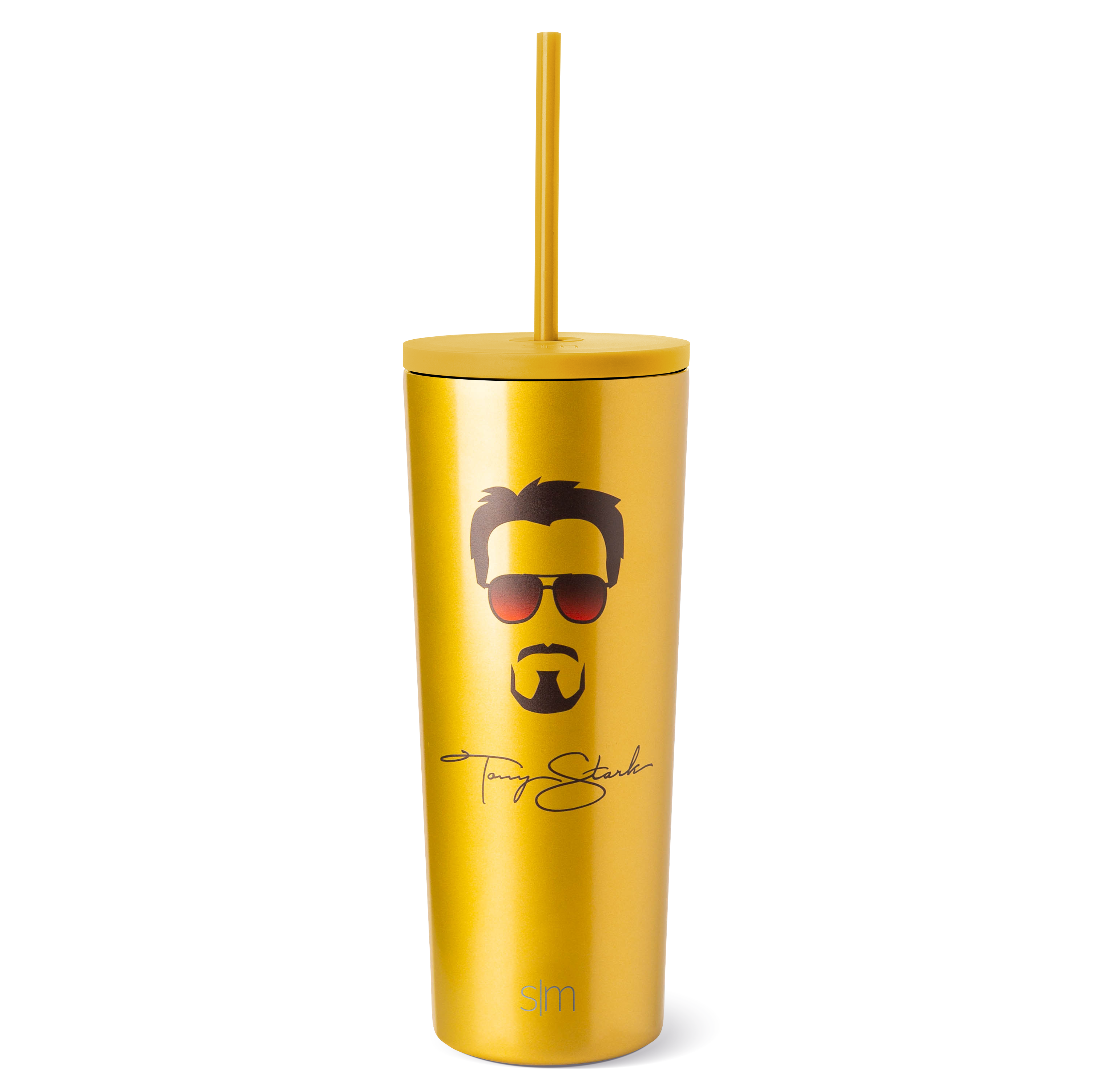 Golden yellow tumbler with matching straw, dark brown and black illustrated facial features