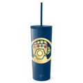 Deep navy blue tumbler with gold circular design element and matching navy blue straw
