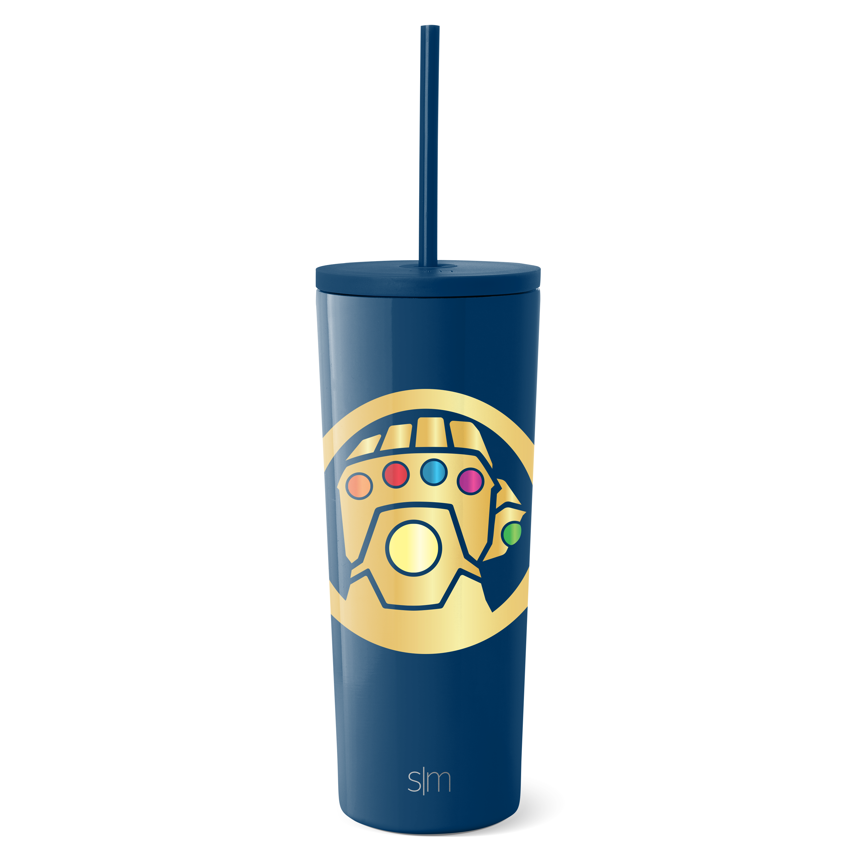 Deep navy blue tumbler with gold circular design element and matching navy blue straw