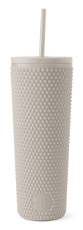 Cream-colored textured tumbler with modern design on white background