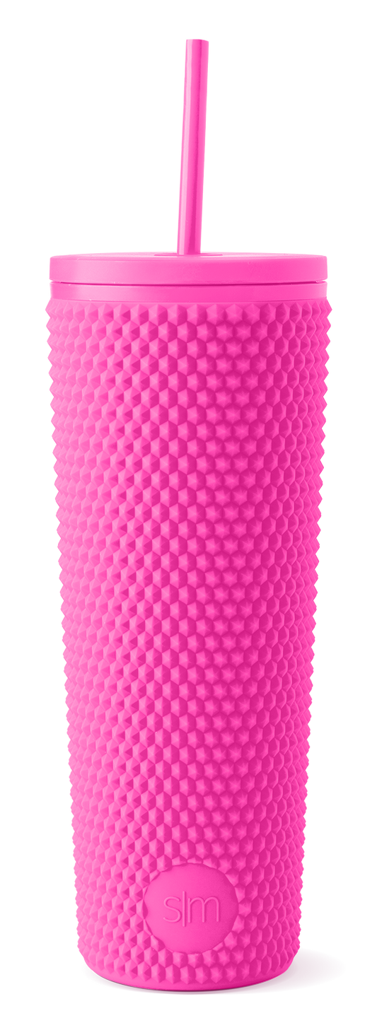 Vivid hot pink insulated tumbler with white background